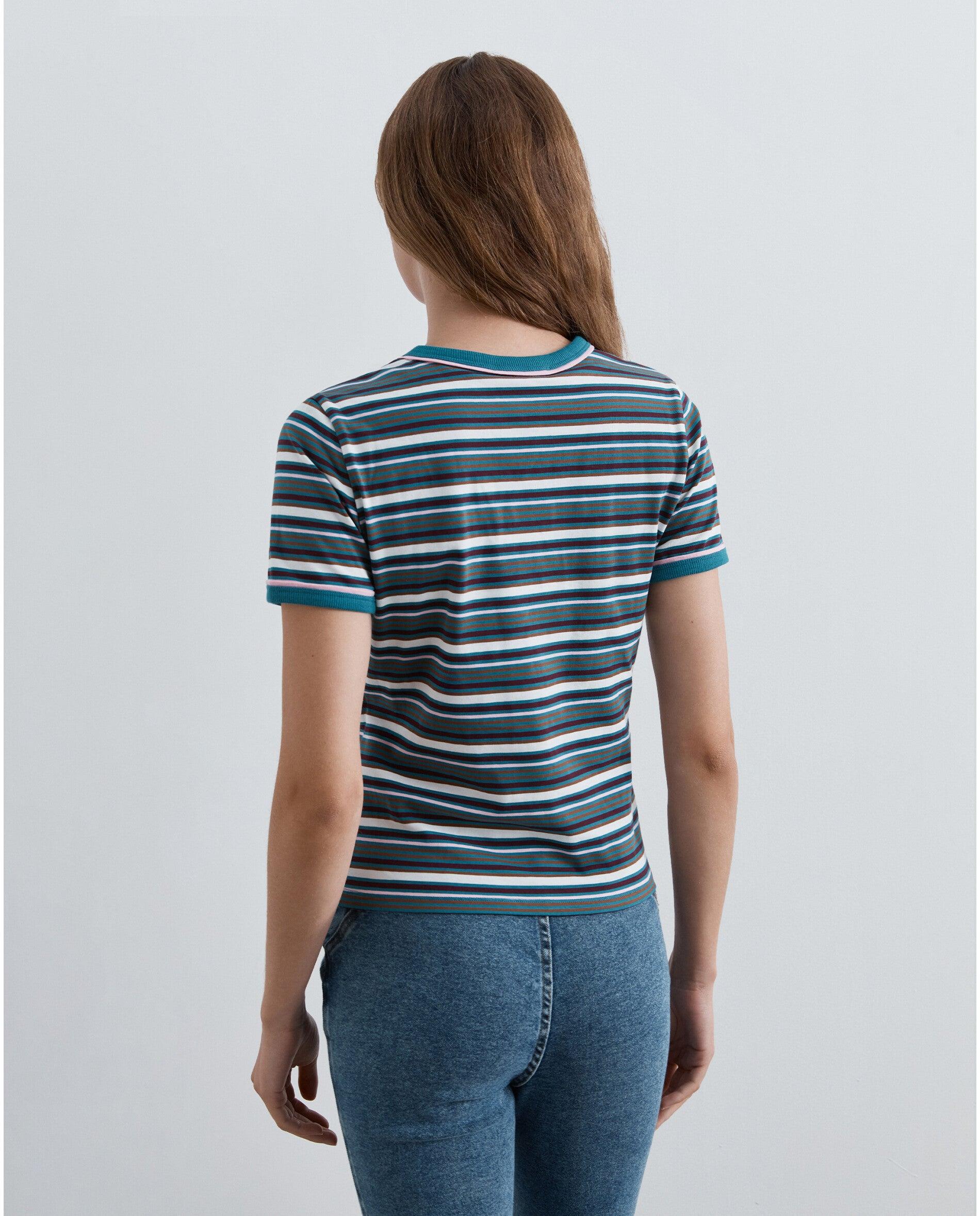 T-shirt de Algodão Elástico Às Riscas Multicolor-5