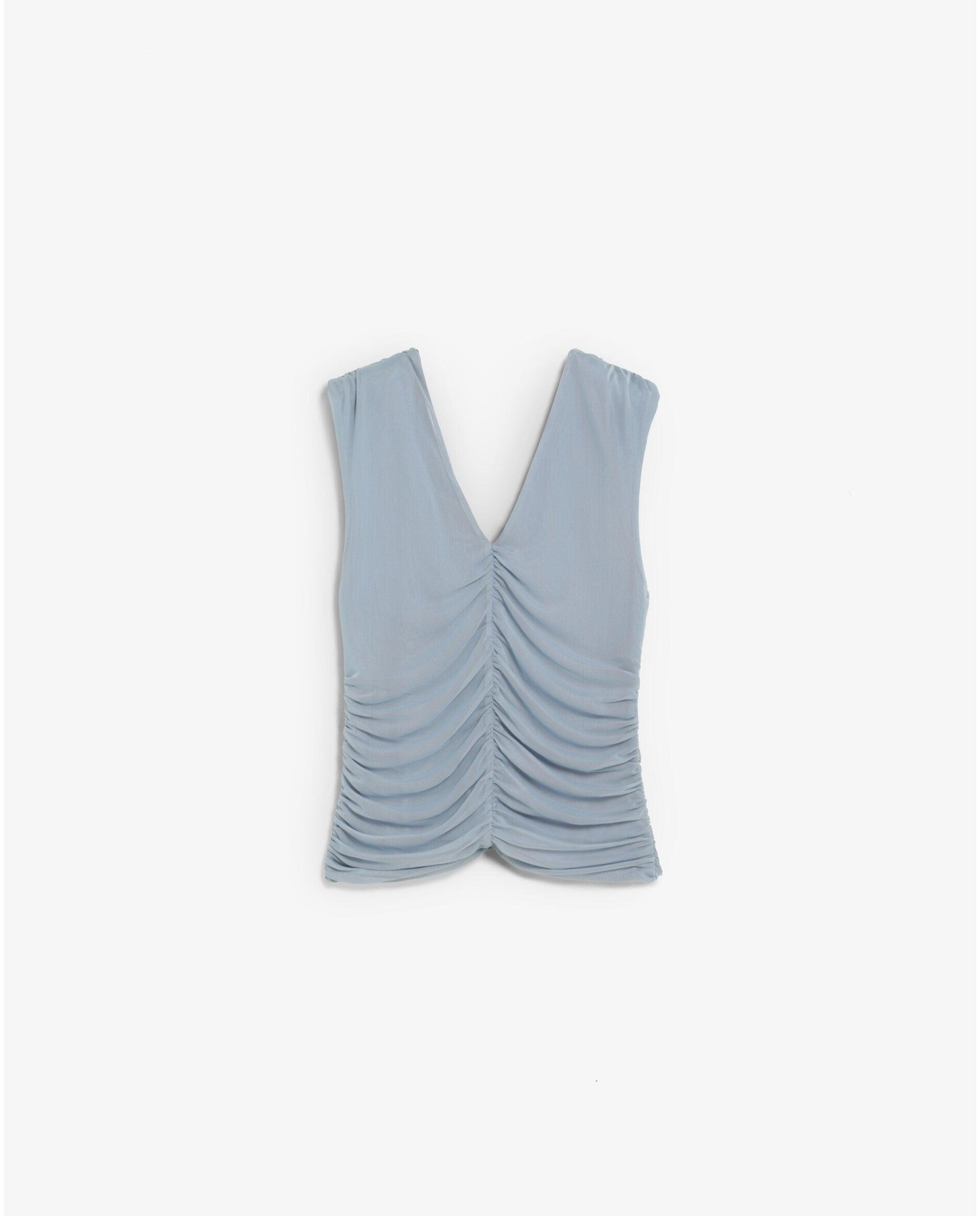T-shirt Franzida com Decote em V Azul-claro-2