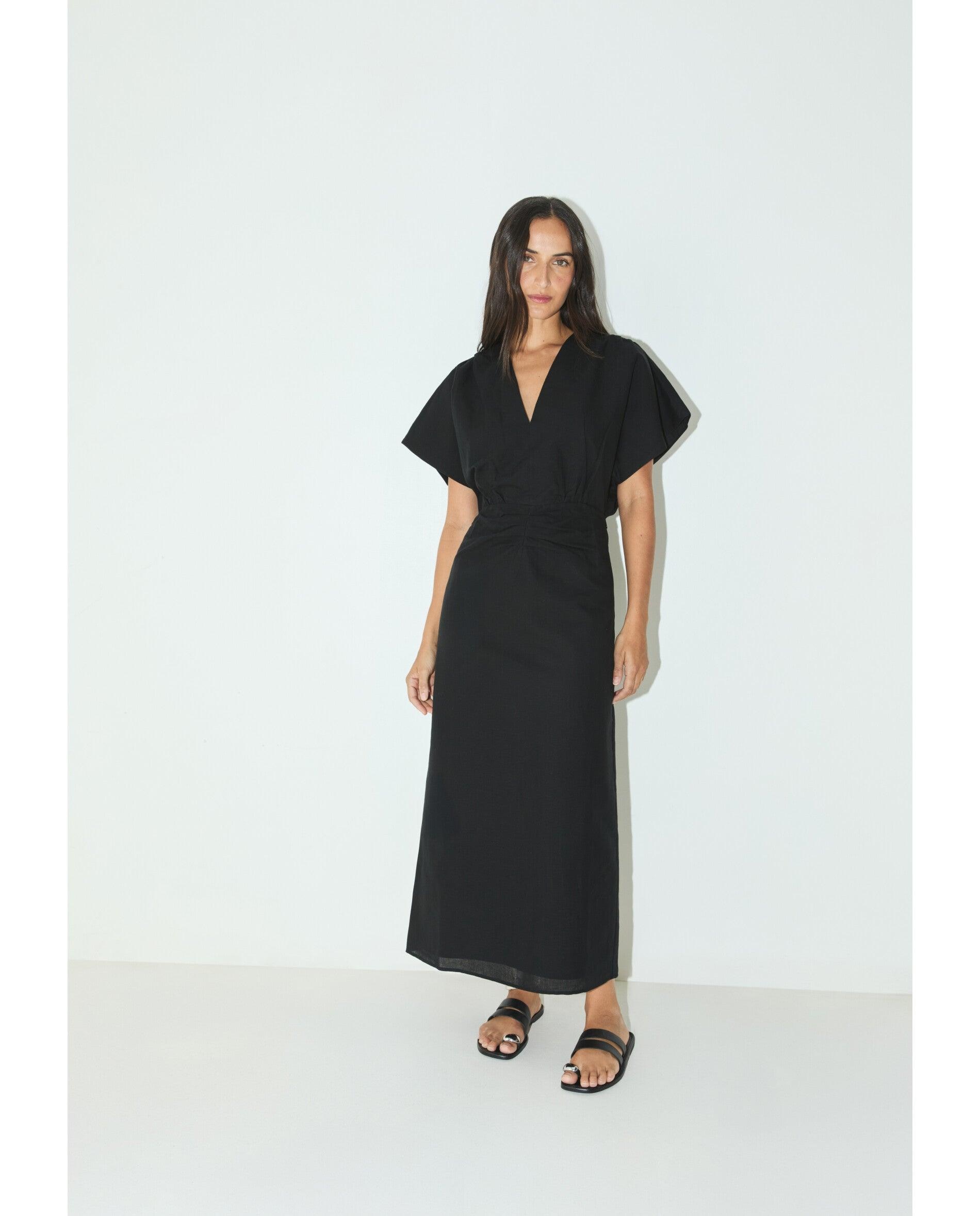 Vestido Midi com Detalhe Franzido na Cintura Preto-4