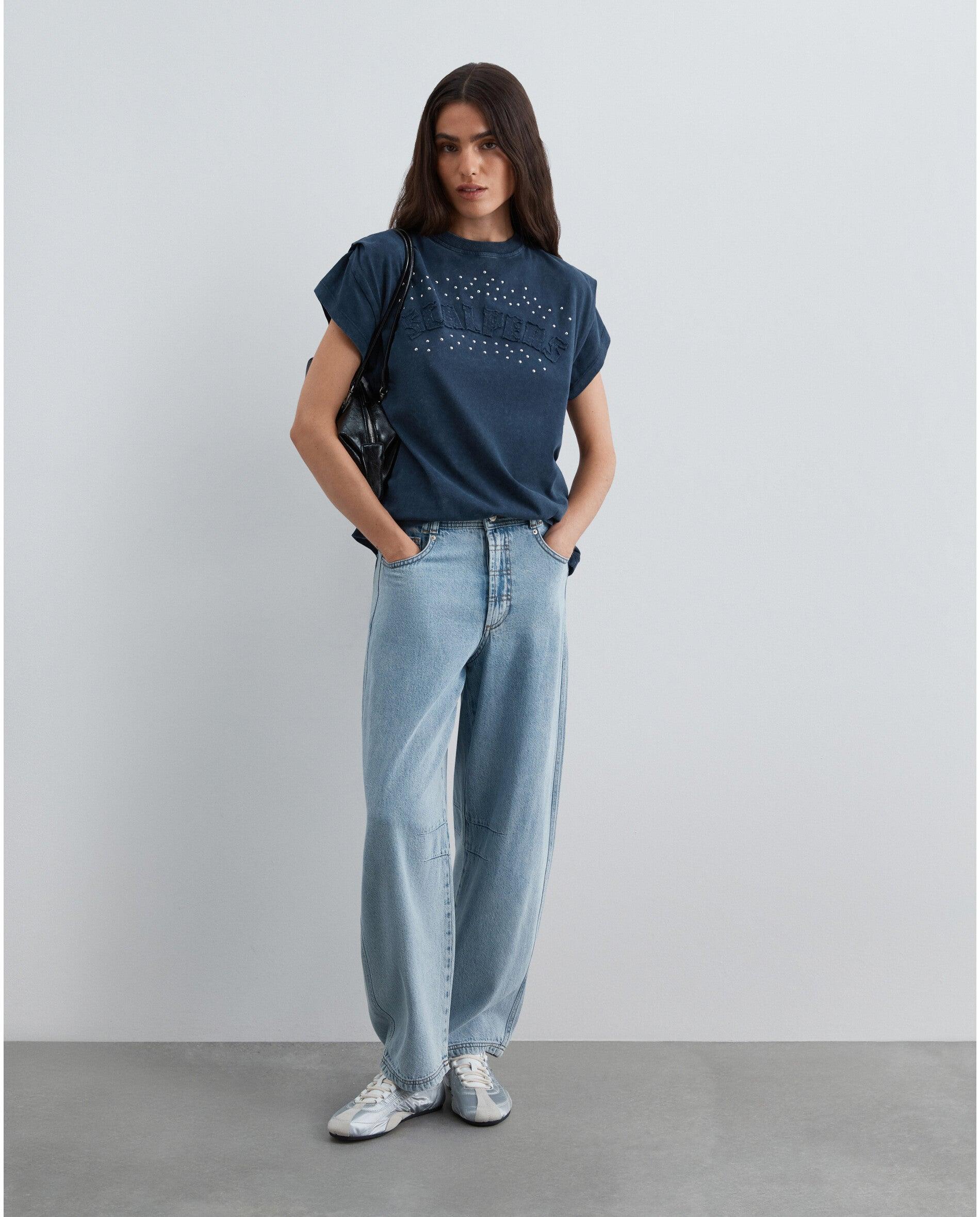 T-shirt Efeito Lavagem com Detalhe de Studs Navy-2
