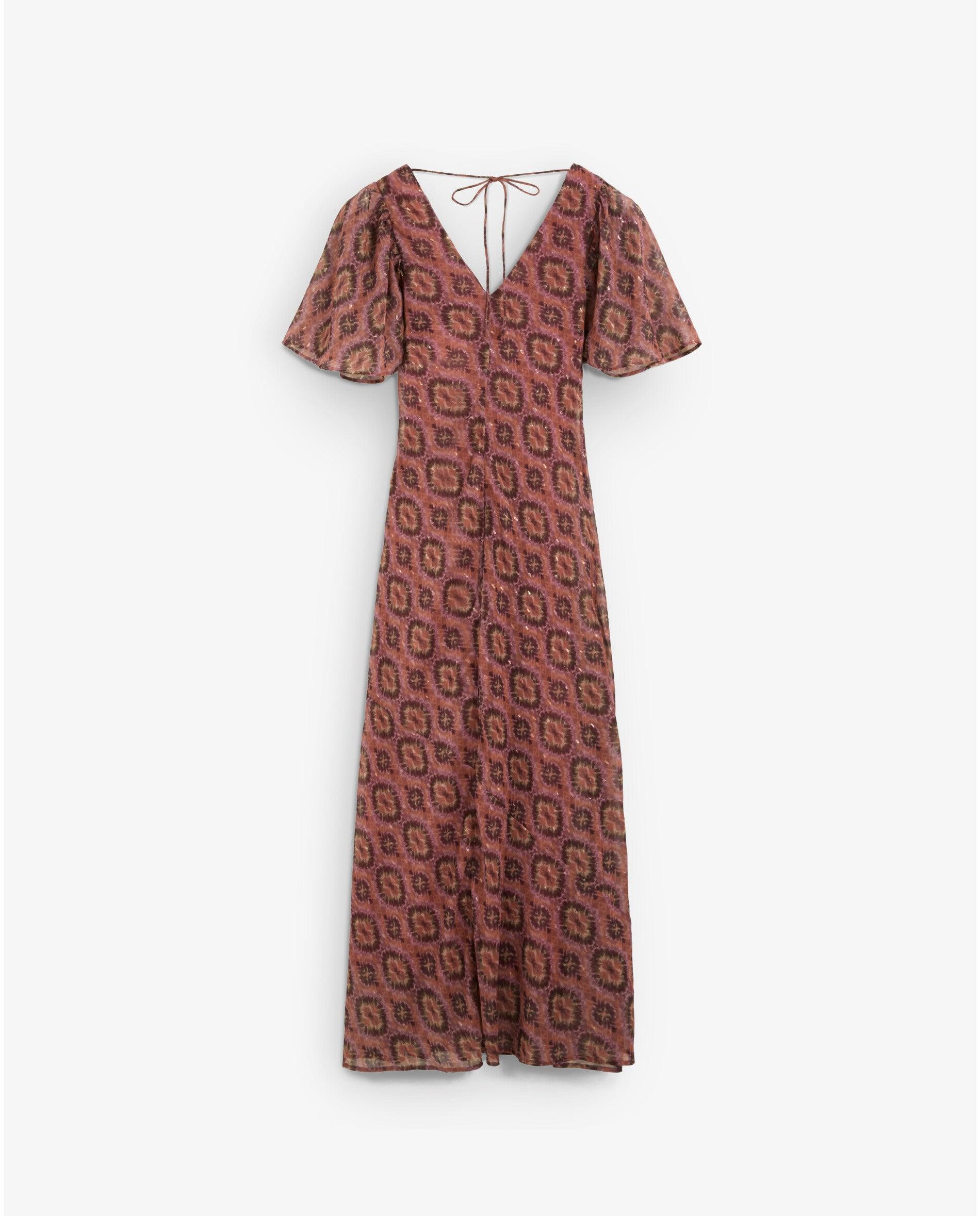 Vestido Midi Estampado com Detalhes em Fio Metalizado Bege-2