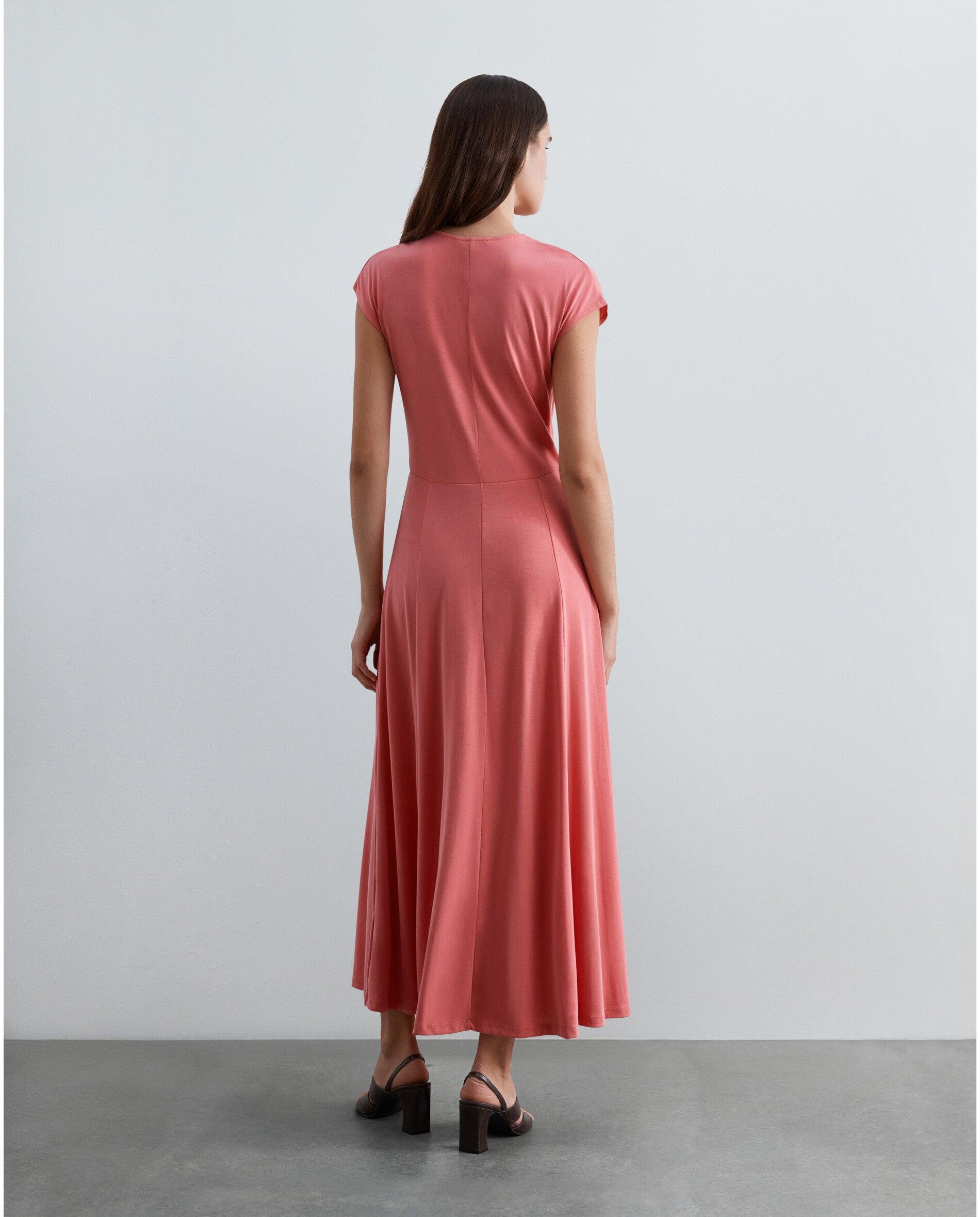 Vestido Comprido em Tecido Fluido com Detalhe Franzido Coral-3