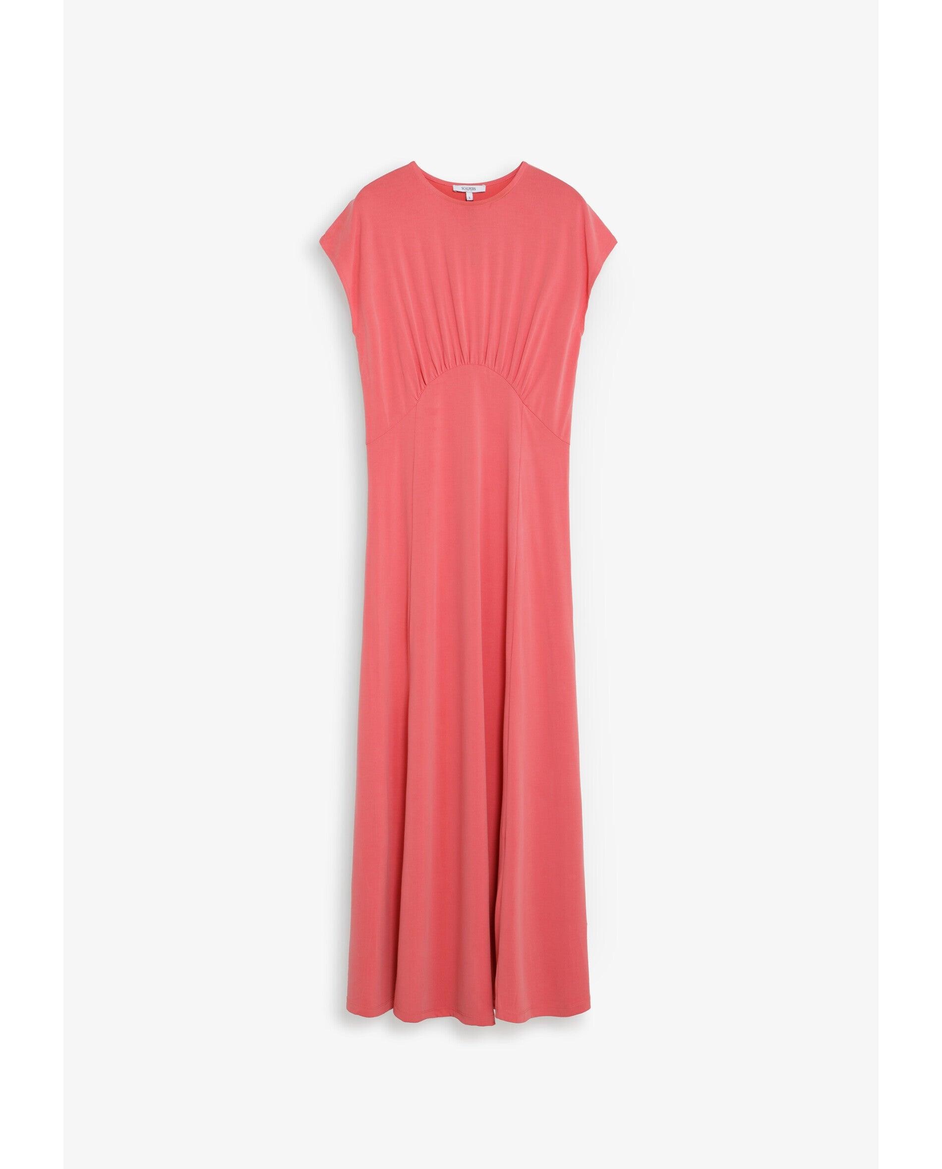Vestido Comprido em Tecido Fluido com Detalhe Franzido Coral-4