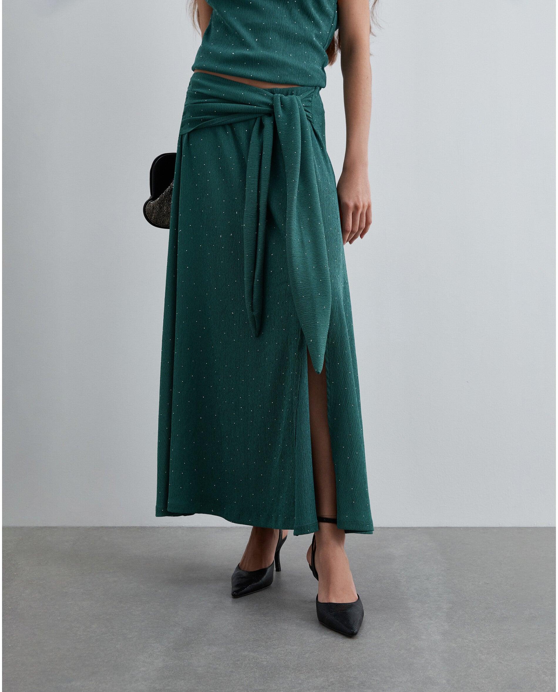 Saia Midi com Cintura Elástica e Strass Verde-2