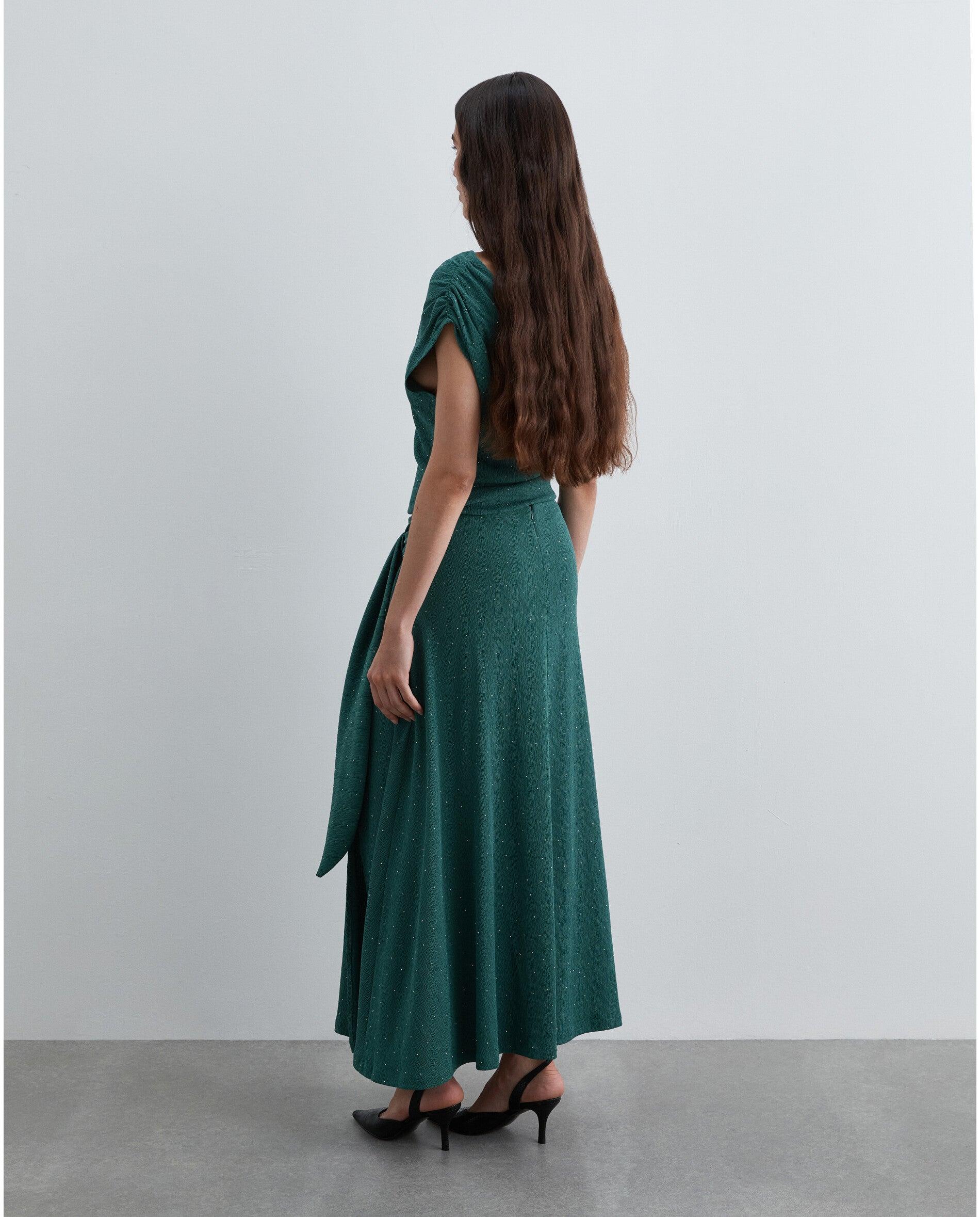 Saia Midi com Cintura Elástica e Strass Verde-3