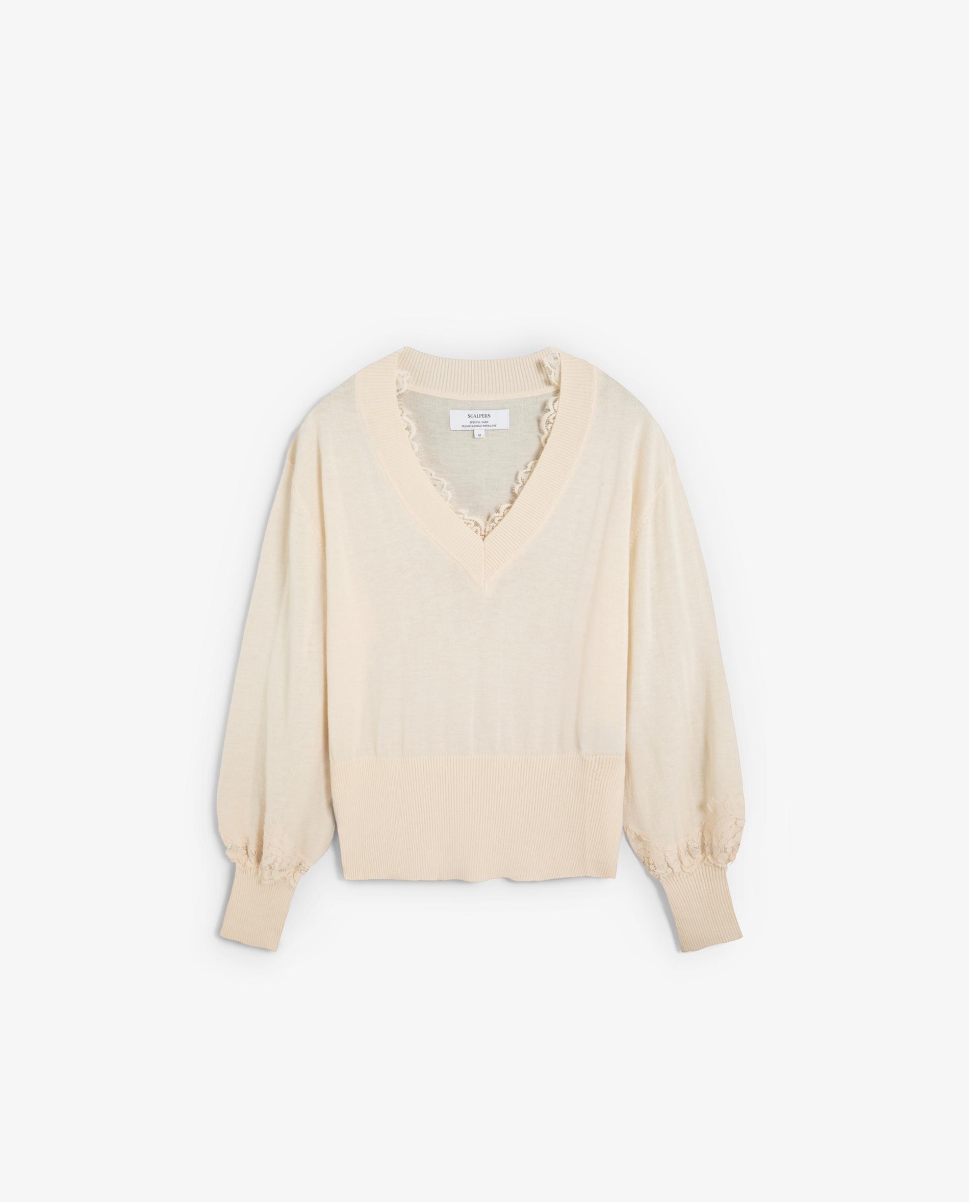 Camisola com Detalhe de Renda e Bainha Ajustada Creme-4