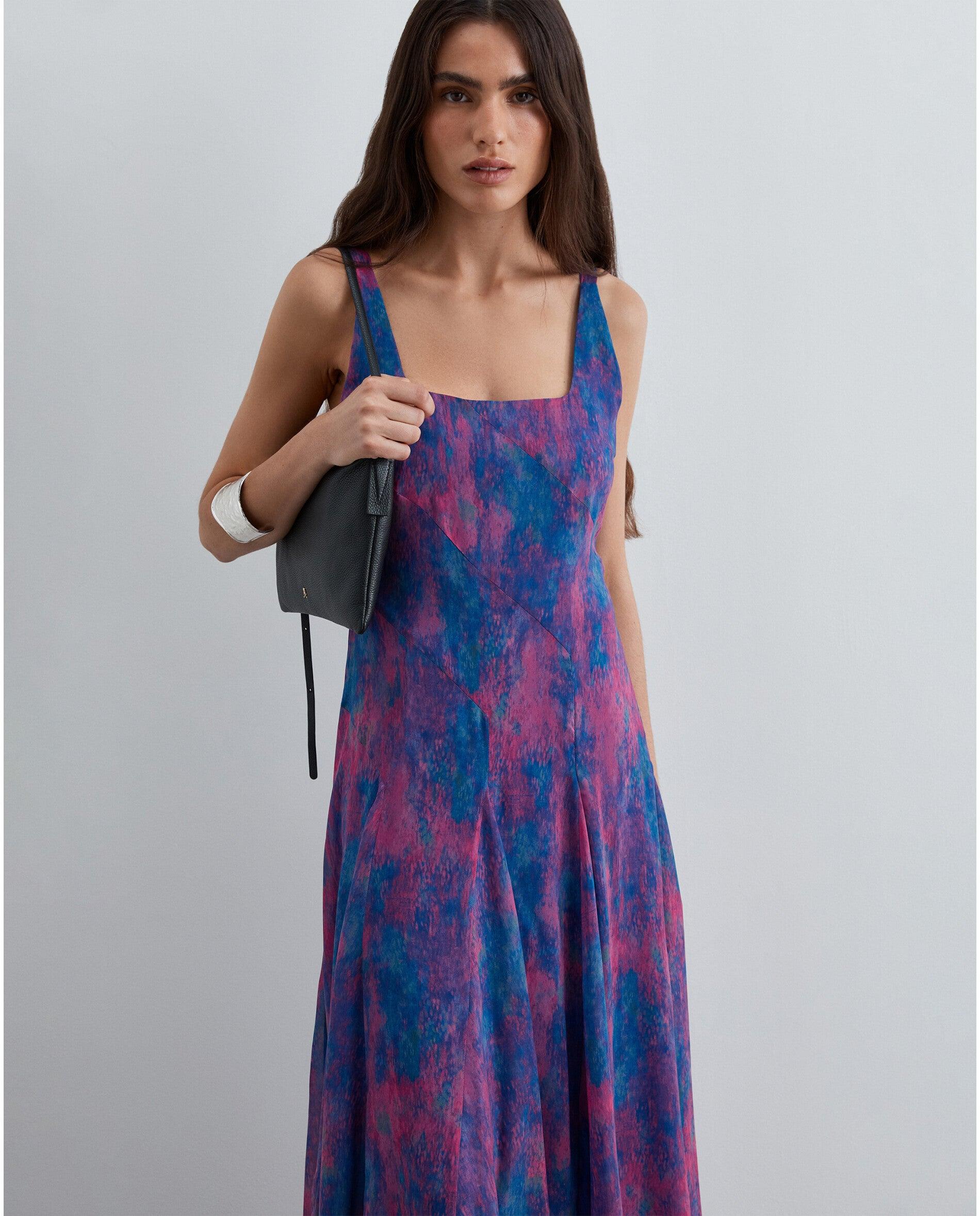 Vestido Midi Estampado com Decote Quadrado Azul/Magenta-2