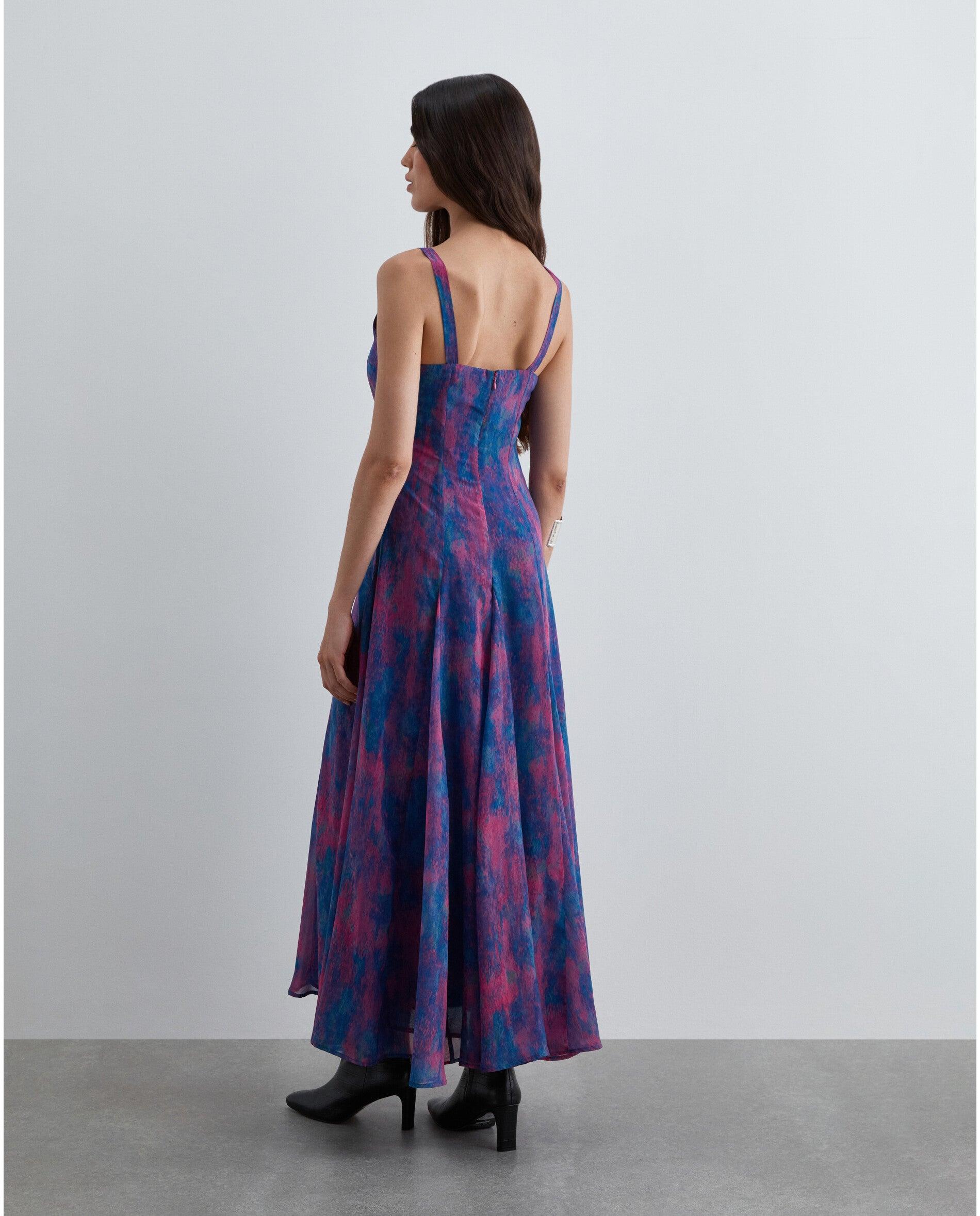 Vestido Midi Estampado com Decote Quadrado Azul/Magenta-3