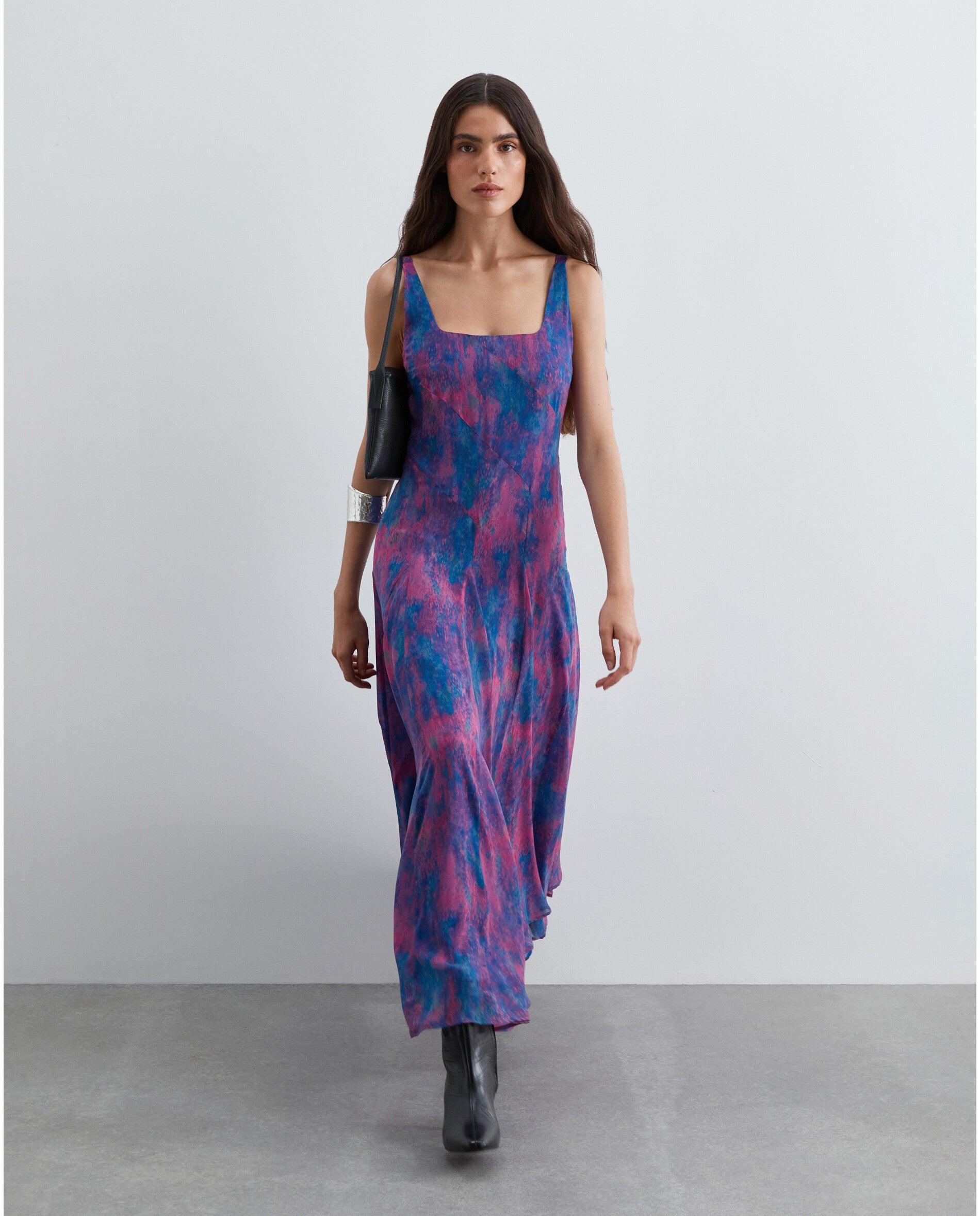 Vestido Midi Estampado com Decote Quadrado Azul/Magenta-4