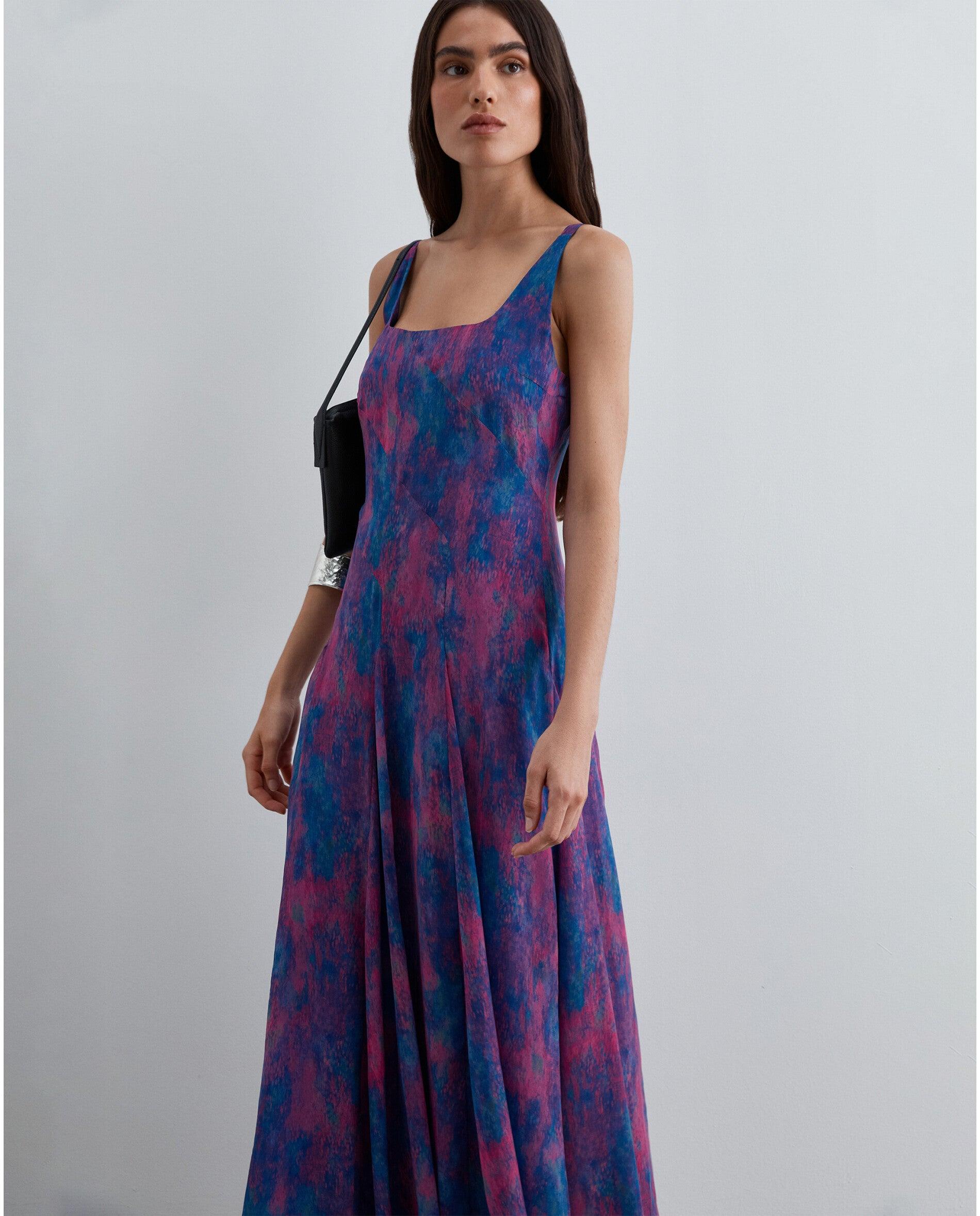 Vestido Midi Estampado com Decote Quadrado Azul/Magenta-5