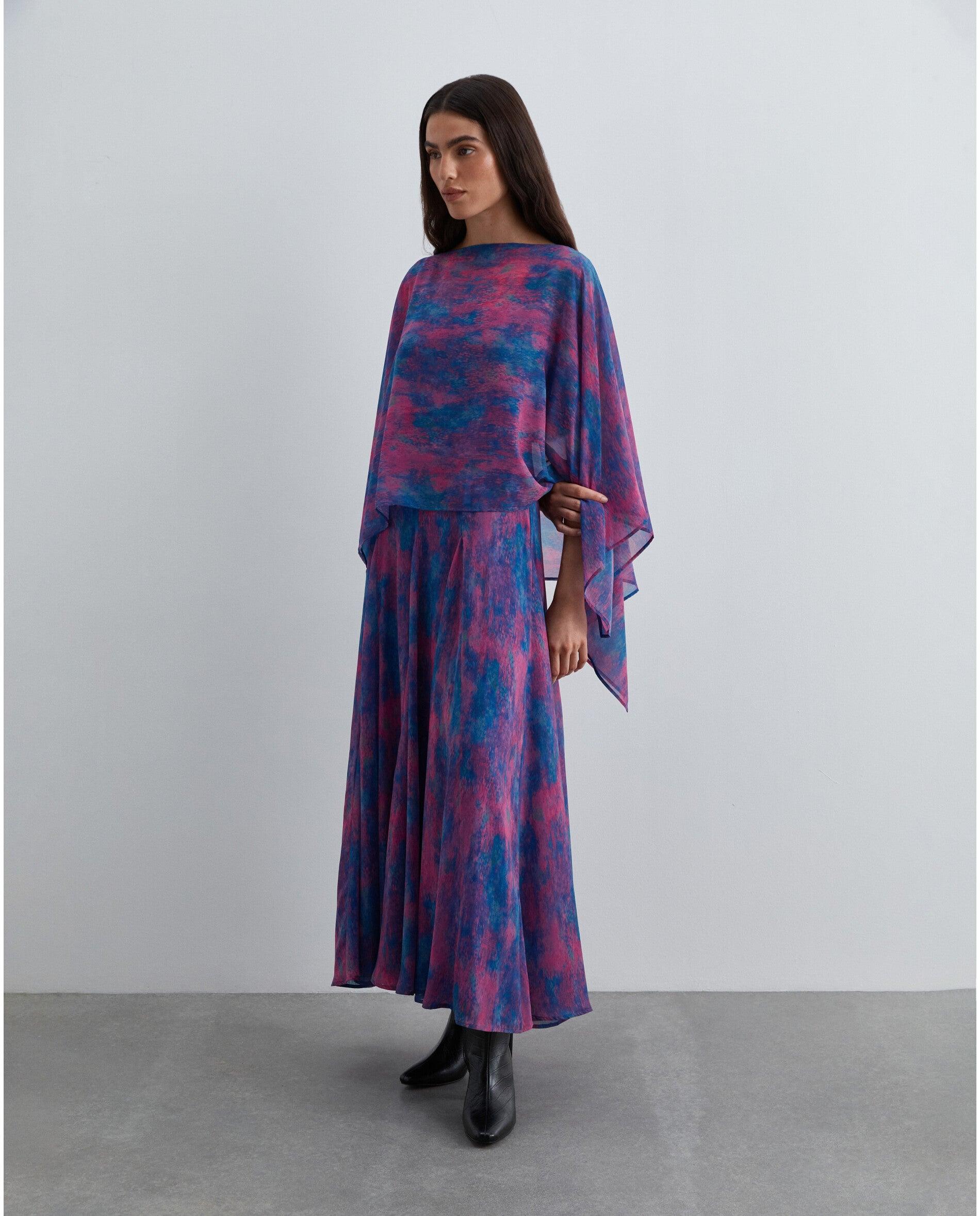 Vestido Midi Estampado com Decote Quadrado Azul/Magenta-6