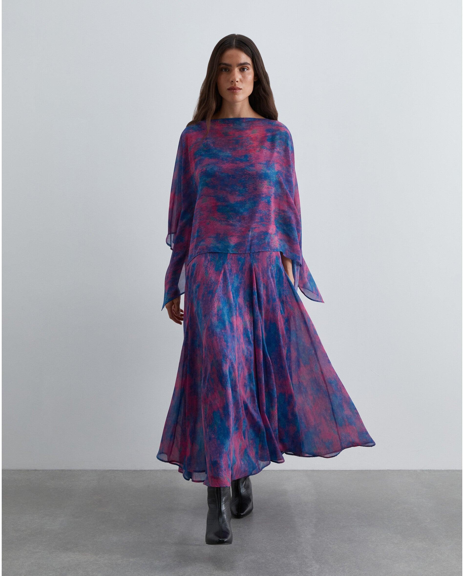 Vestido Midi Estampado com Decote Quadrado Azul/Magenta-7
