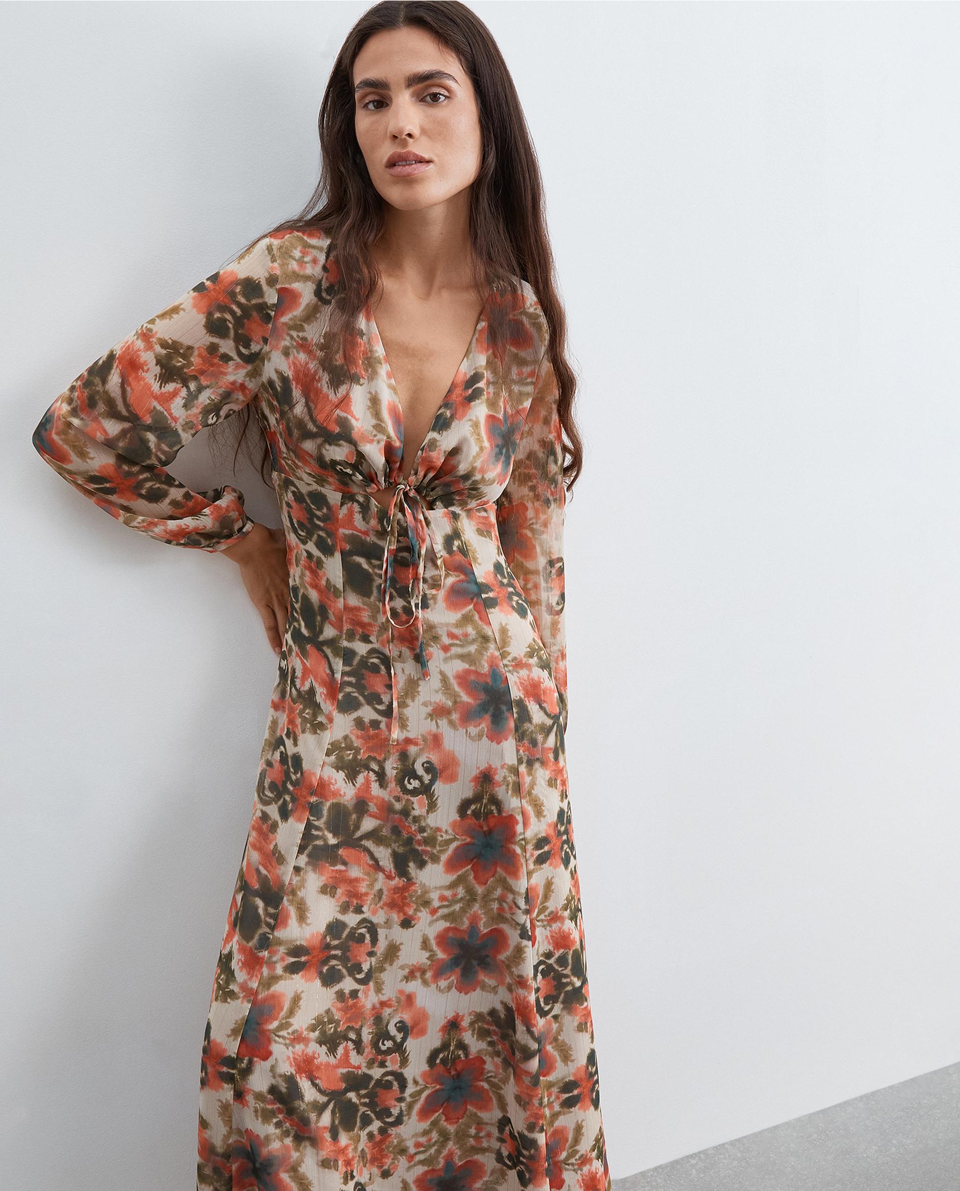 Vestido Comprido com Estampado Floral e Decote em V Multicolor-2