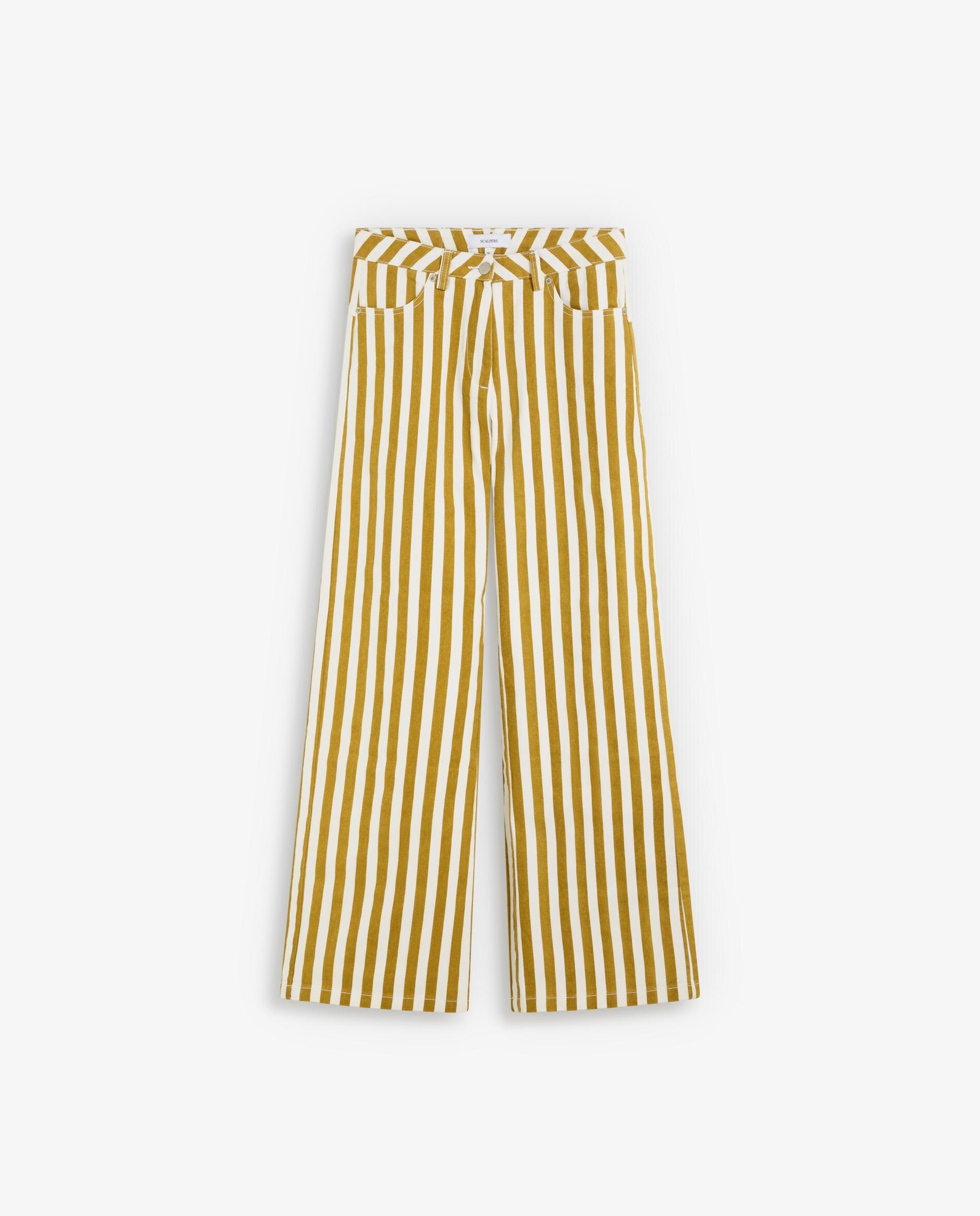 Jeans com Corte a Direito Cinco Bolsos com Estampado Às Riscas Mostarda-3