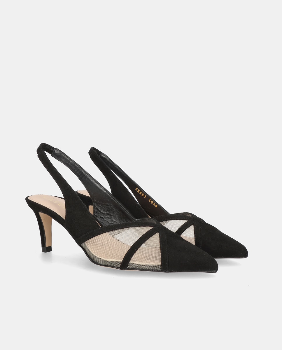 Sapatos de Salto Noa em Camurça e Rede Preto-2