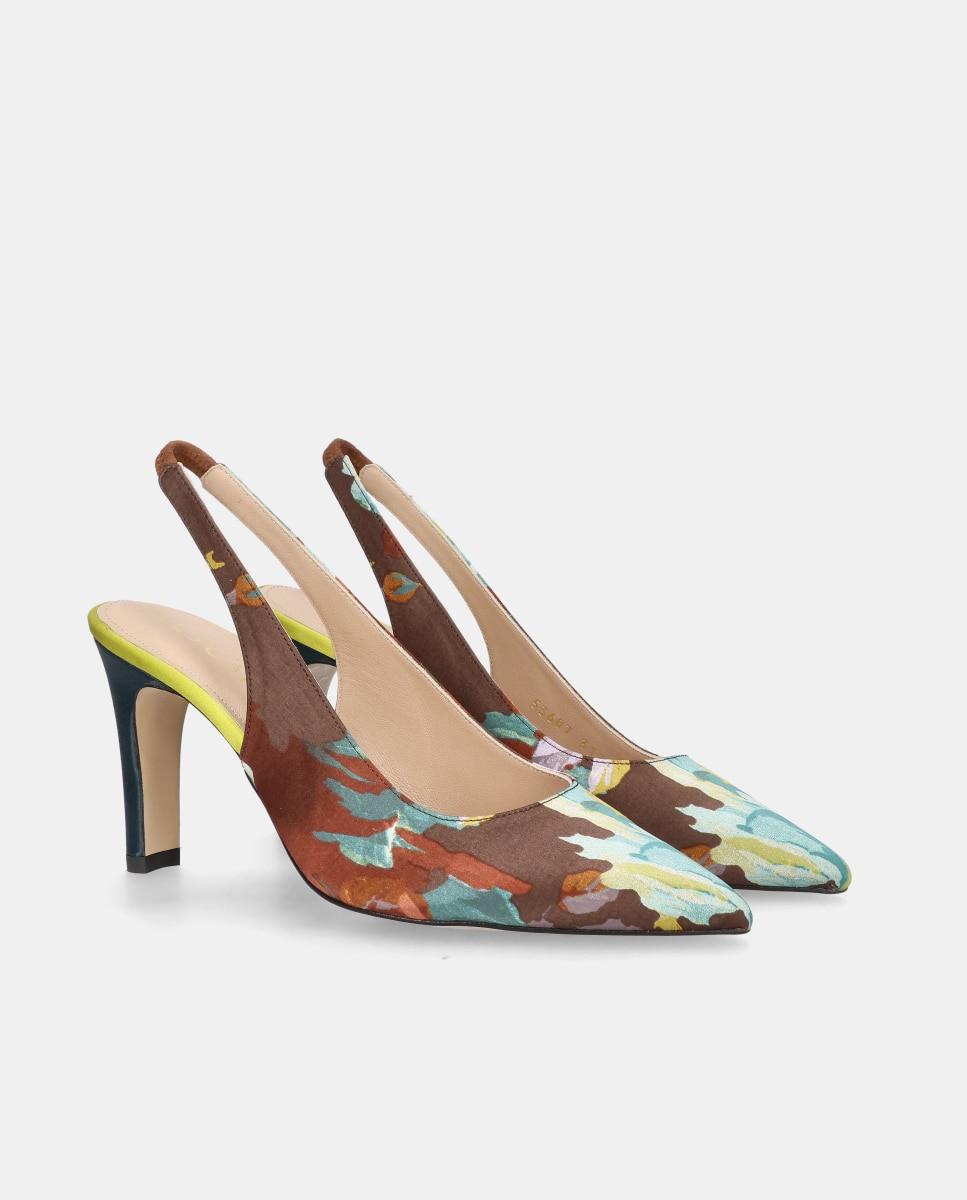 Sapatos de Salto Alya em Tecido de Cetim Estampado Castanho-2