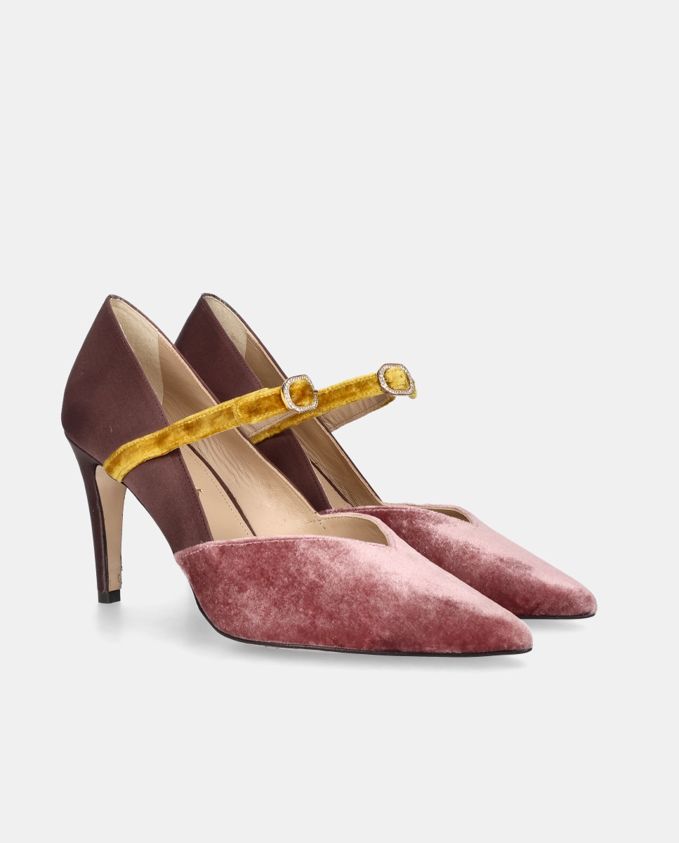 Sapatos de Salto Alya em Tecido de Cetim e Veludo Castanho-2