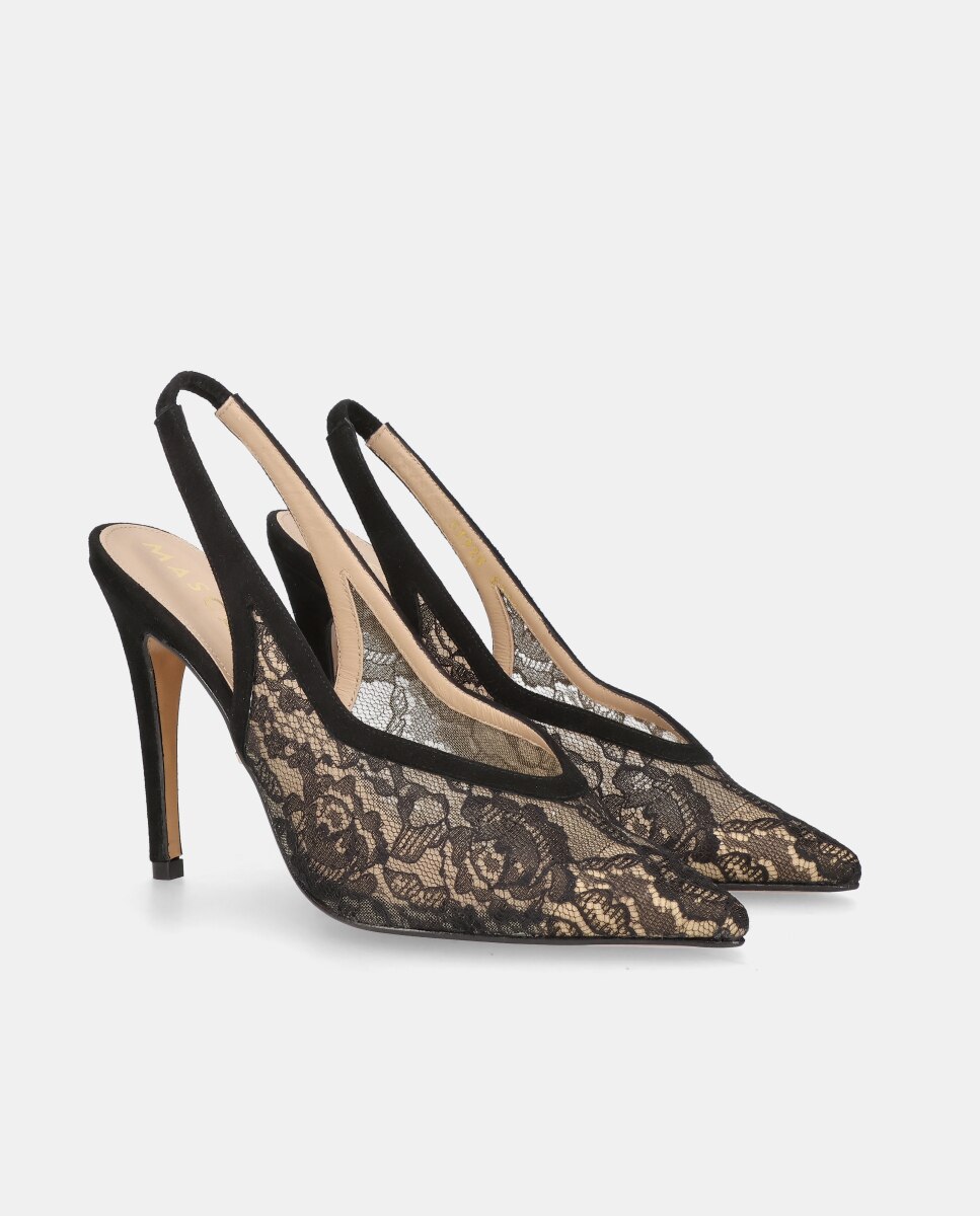 Sapatos de Salto Heidi em Renda e Camurça Suave Preto-2