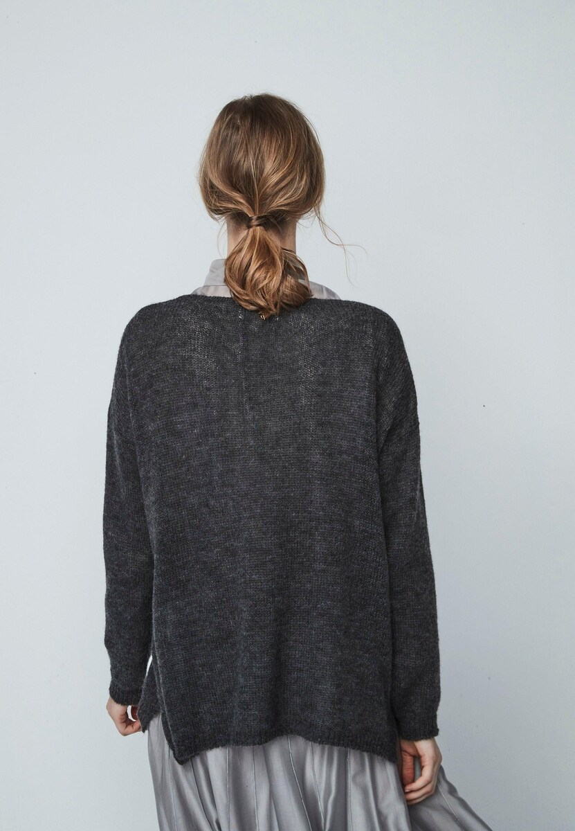 Camisola de Decote em V em Malha Suave Cinzento-escuro-2