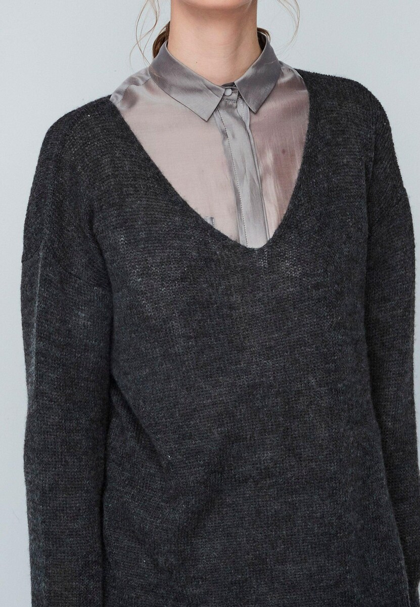 Camisola de Decote em V em Malha Suave Cinzento-escuro-3