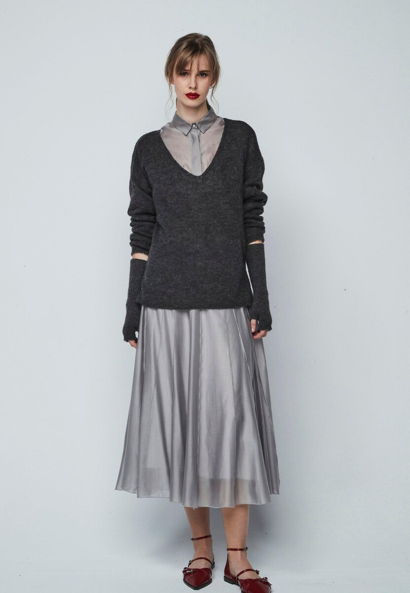 Camisola de Decote em V em Malha Suave Cinzento-escuro-4