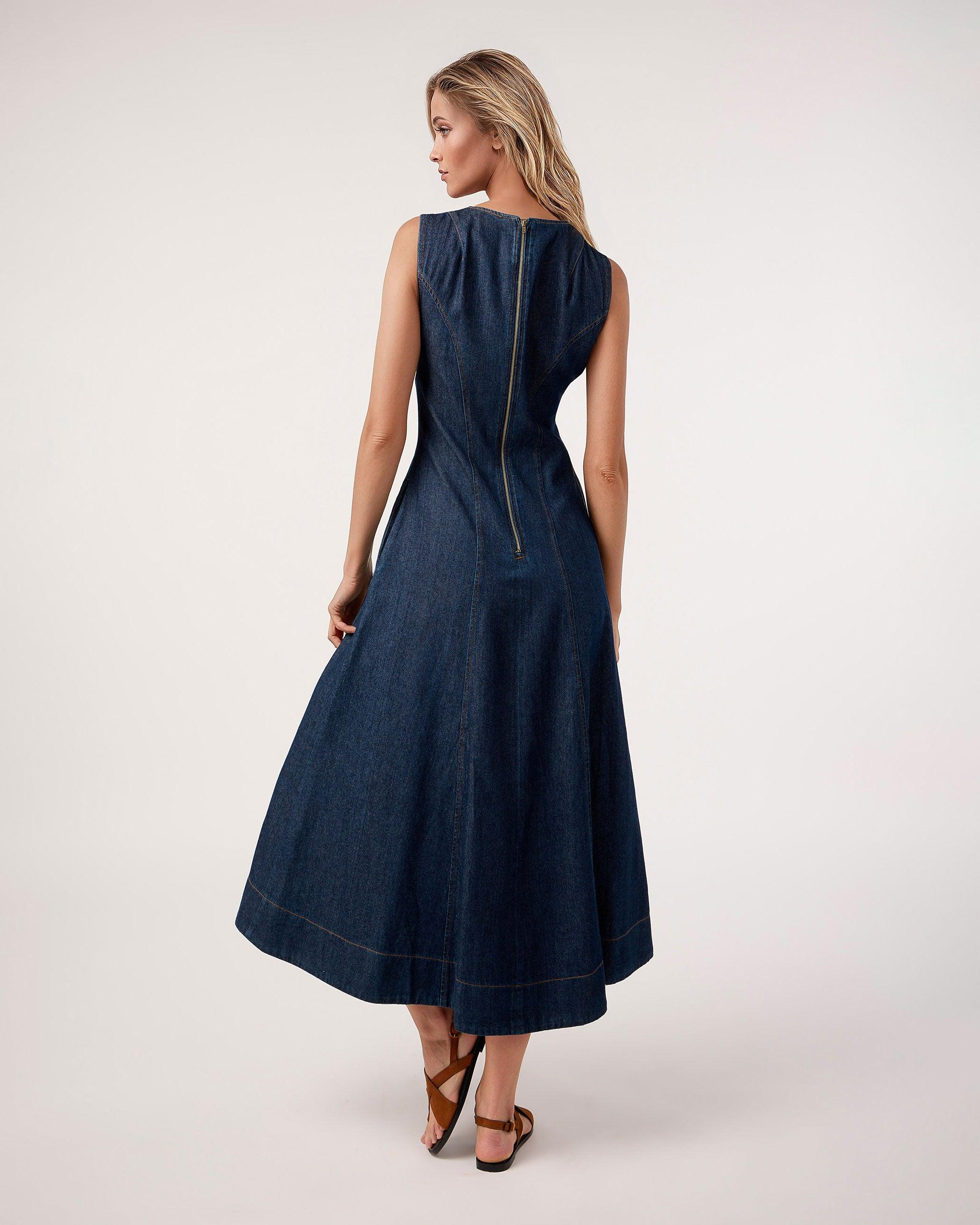 Vestido Midi em Denim Pinós sem Mangas Azul-2