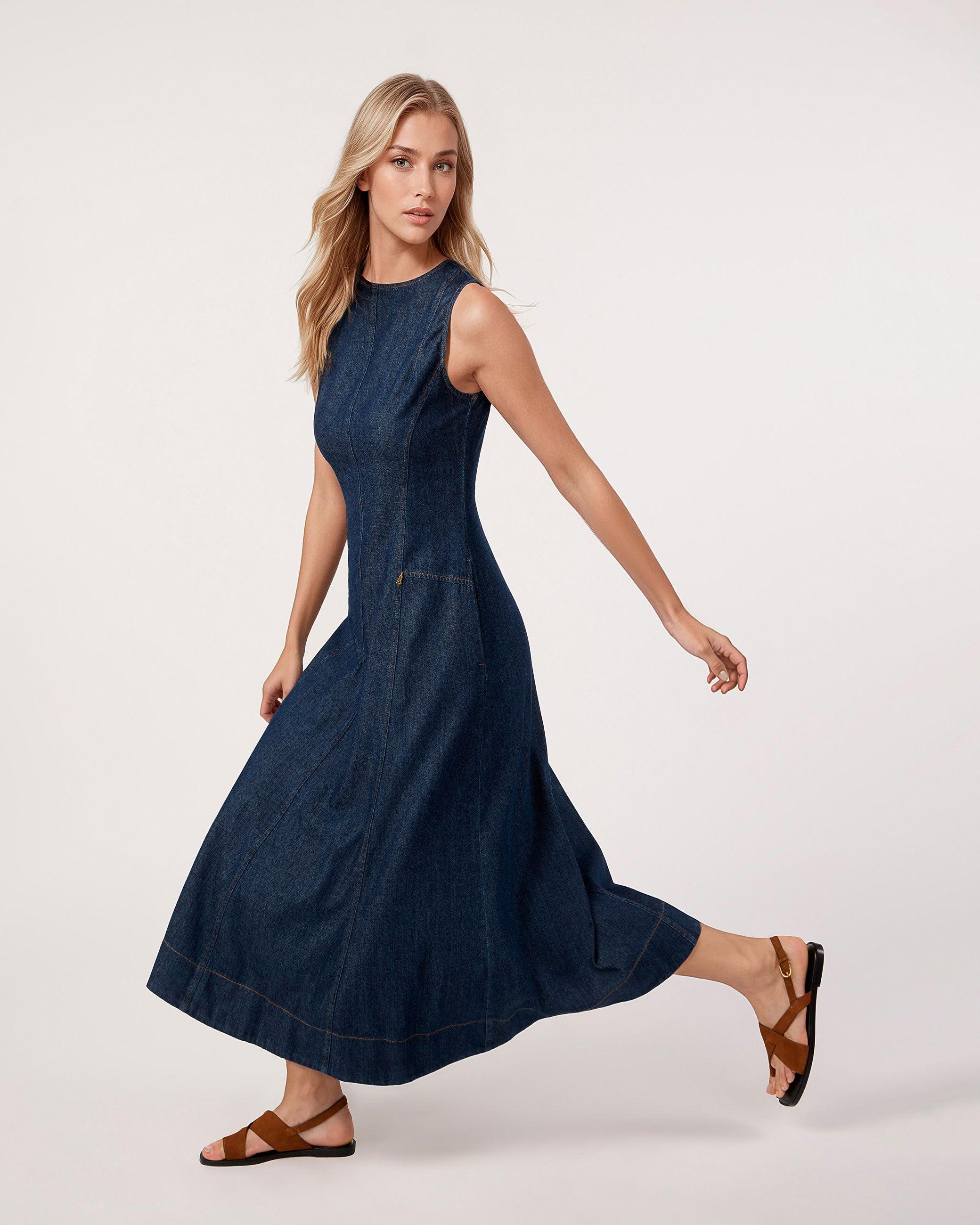 Vestido Midi em Denim Pinós sem Mangas Azul-3