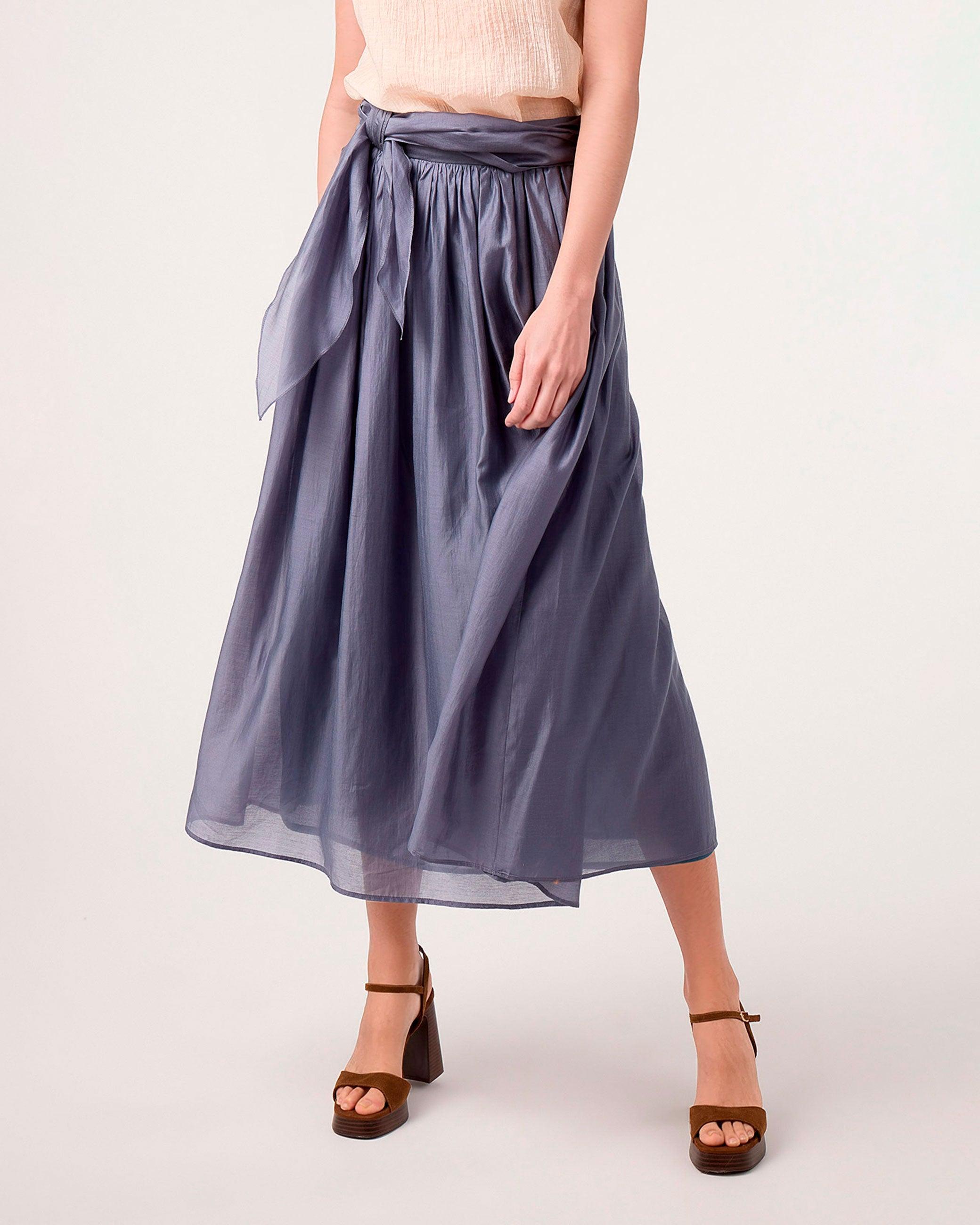 Saia Midi com Cinto Largo com Laçada Azul-acinzentado-2