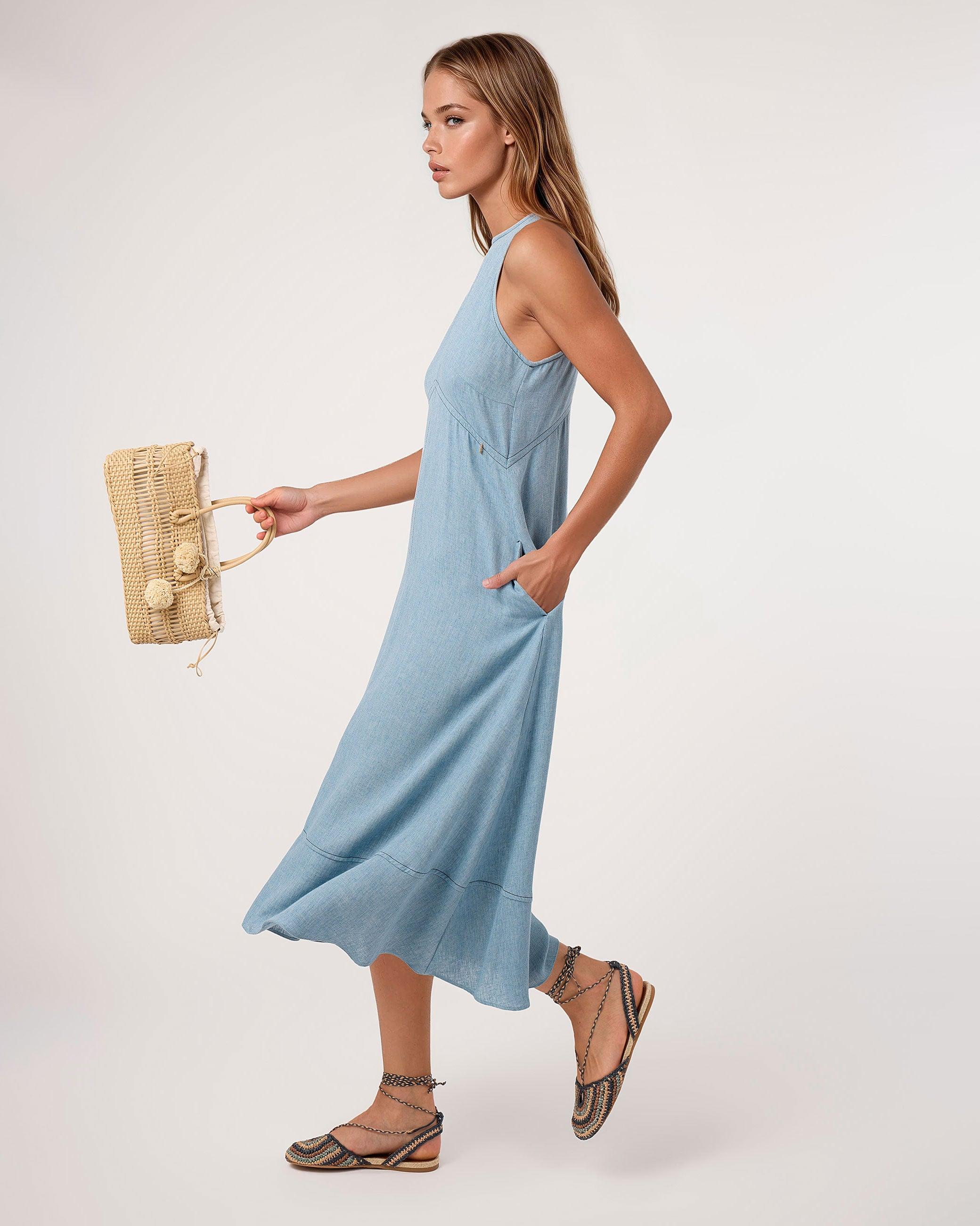 Vestido Midi com Silhueta Evasé Reni Azul-3