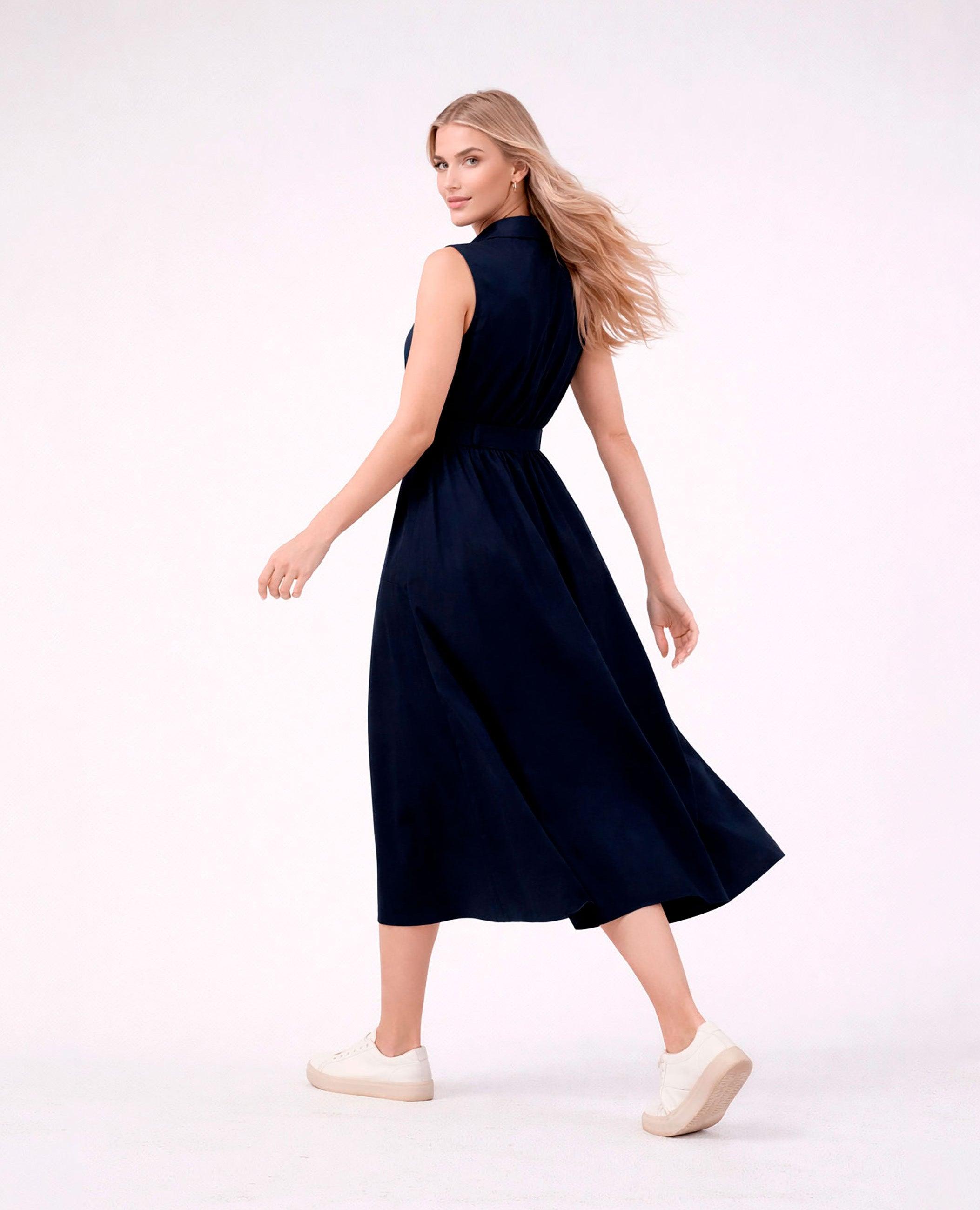 Vestido Comprido Tipo Camisa Amale sem Mangas Azul-2