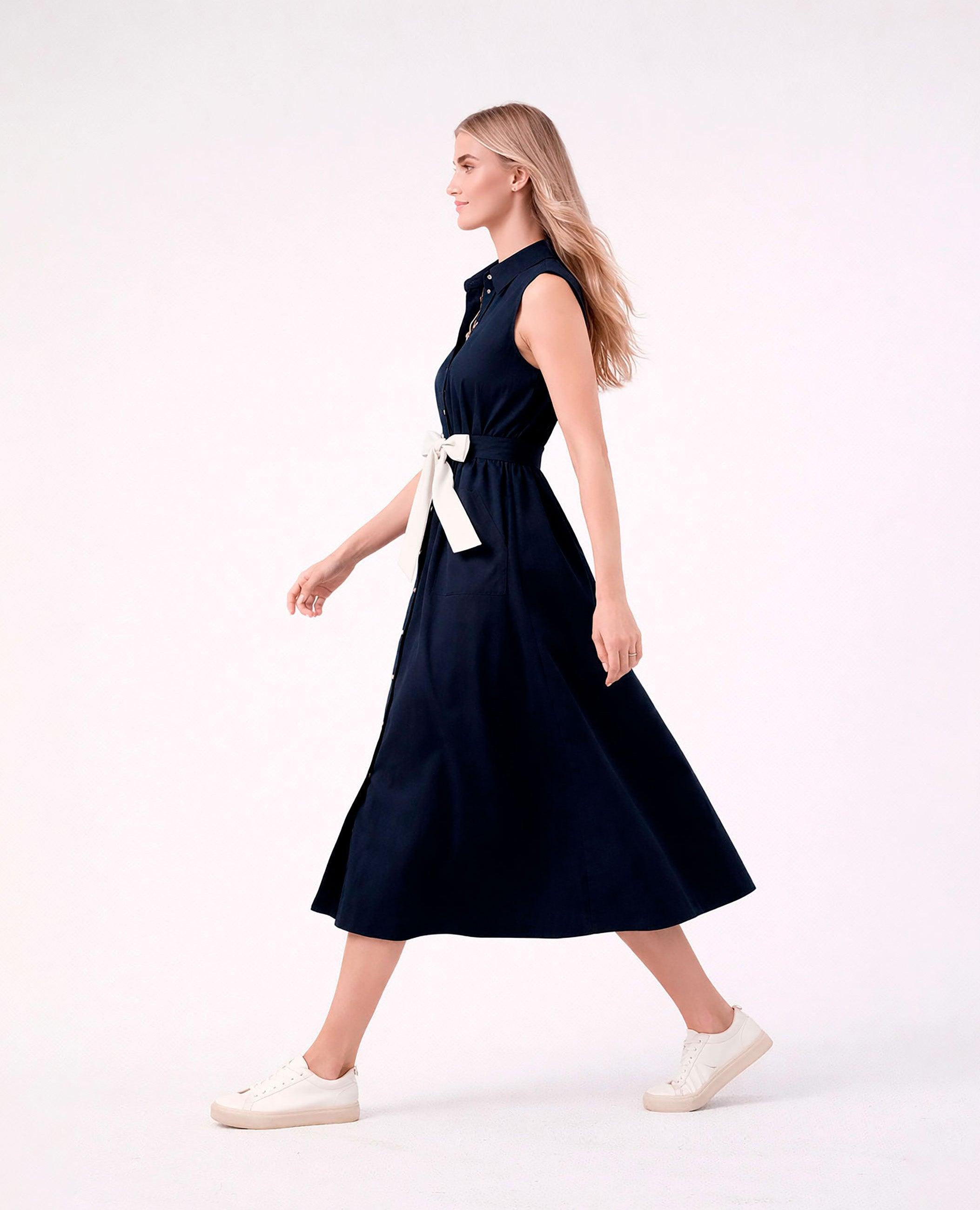 Vestido Comprido Tipo Camisa Amale sem Mangas Azul-3