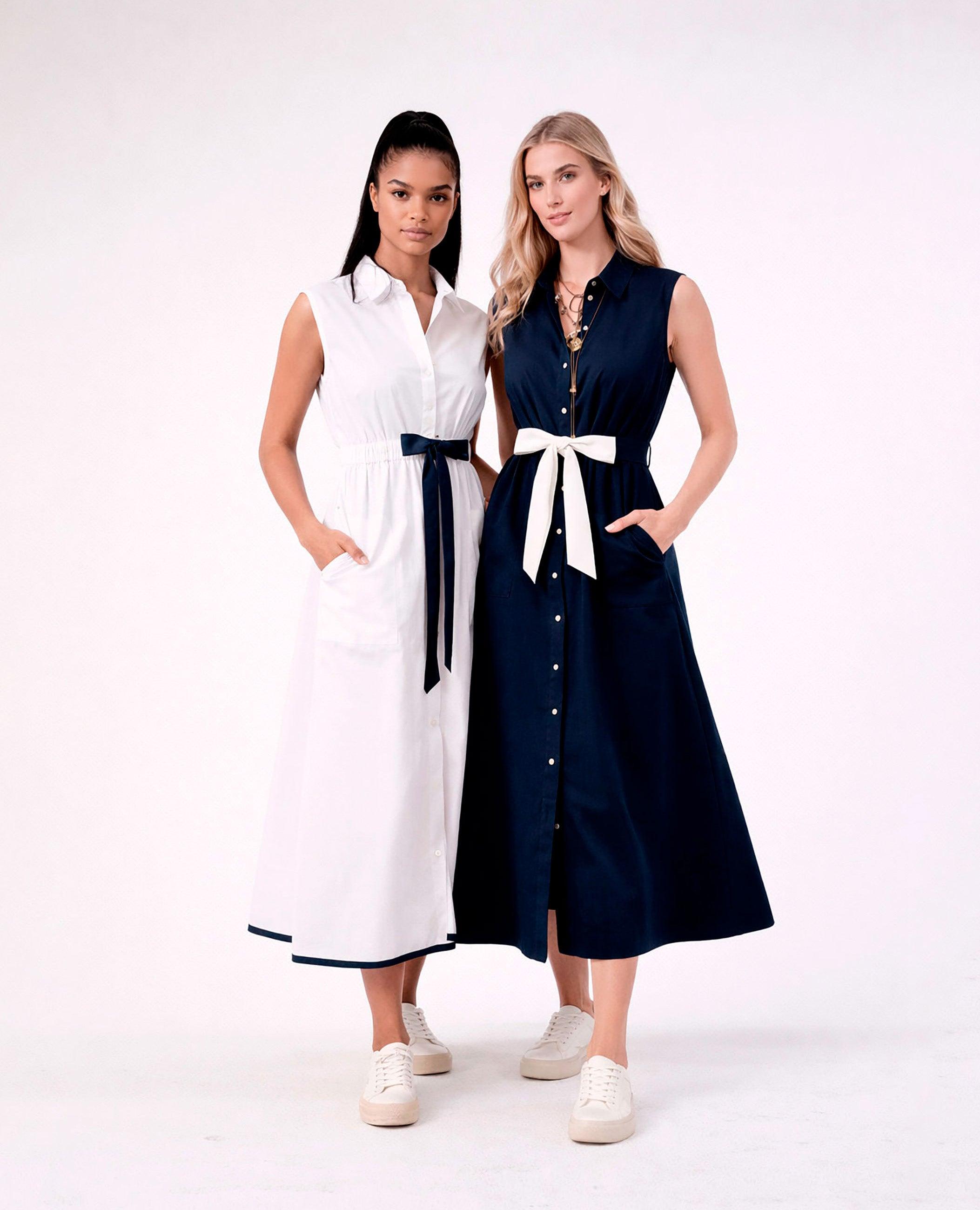 Vestido Comprido Tipo Camisa Amale sem Mangas Azul-4