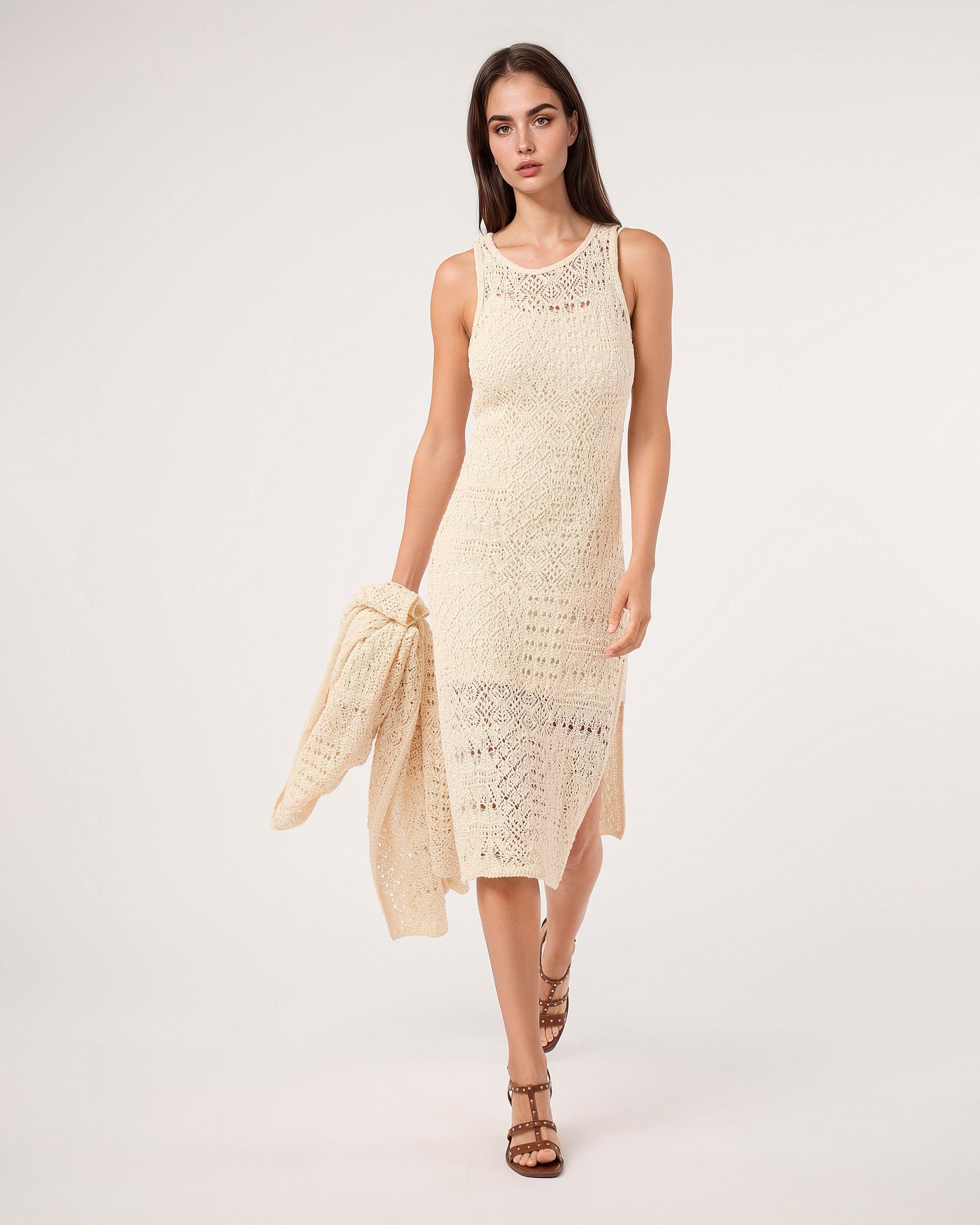 Imagem 0 de Vestido Midi de Malha Perfurada Denise com Gola Redonda
