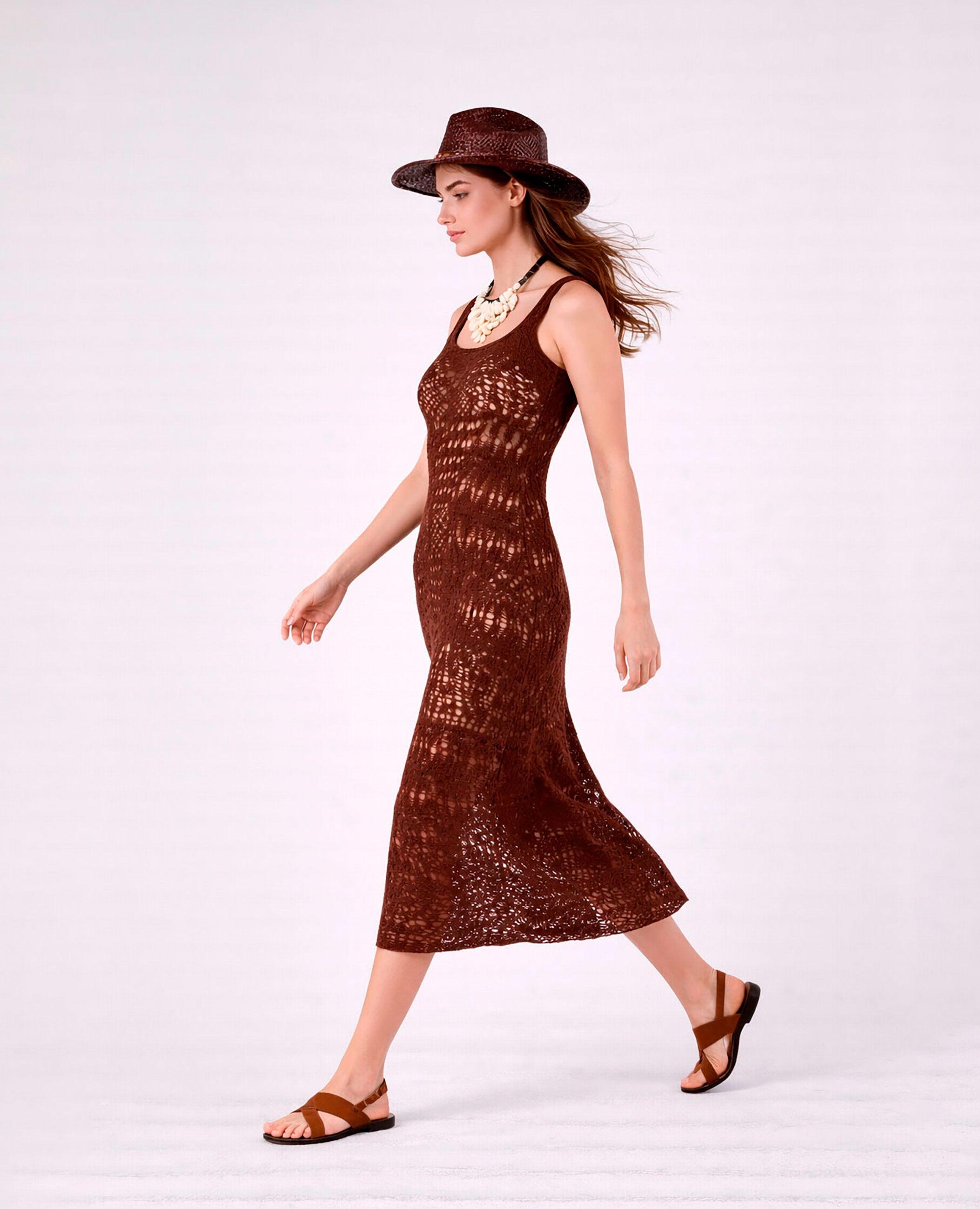 Vestido Midi em Malha de Croché Denise Ii Castanho-4