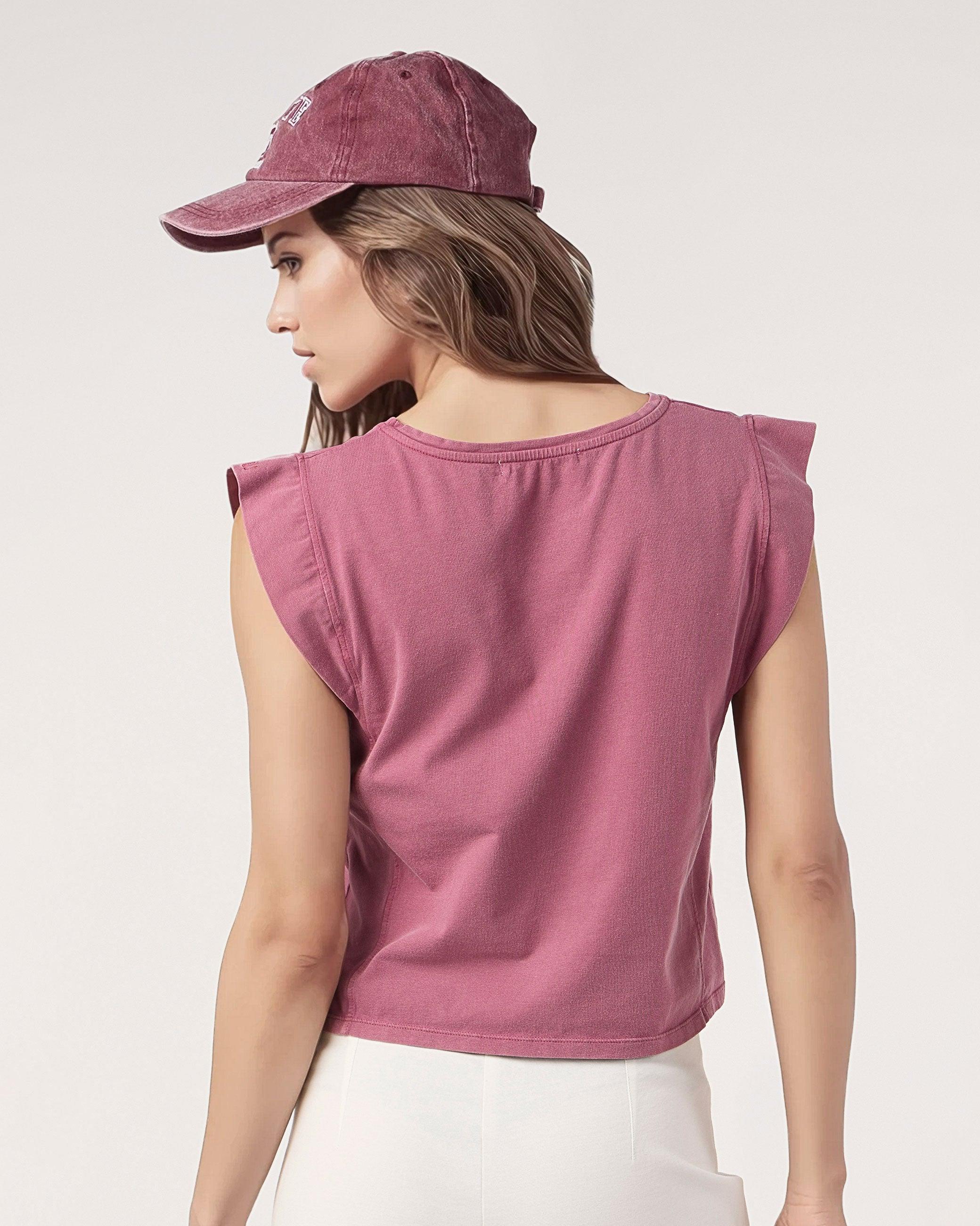 T-shirt com Gola em V e Ombreiras Ligeiras Rosa-2