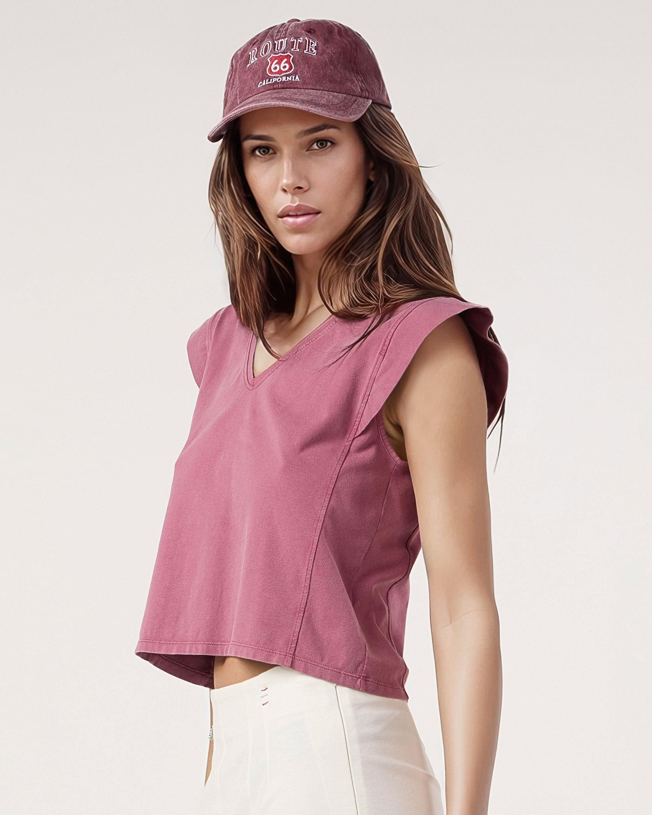 T-shirt com Gola em V e Ombreiras Ligeiras Rosa-3