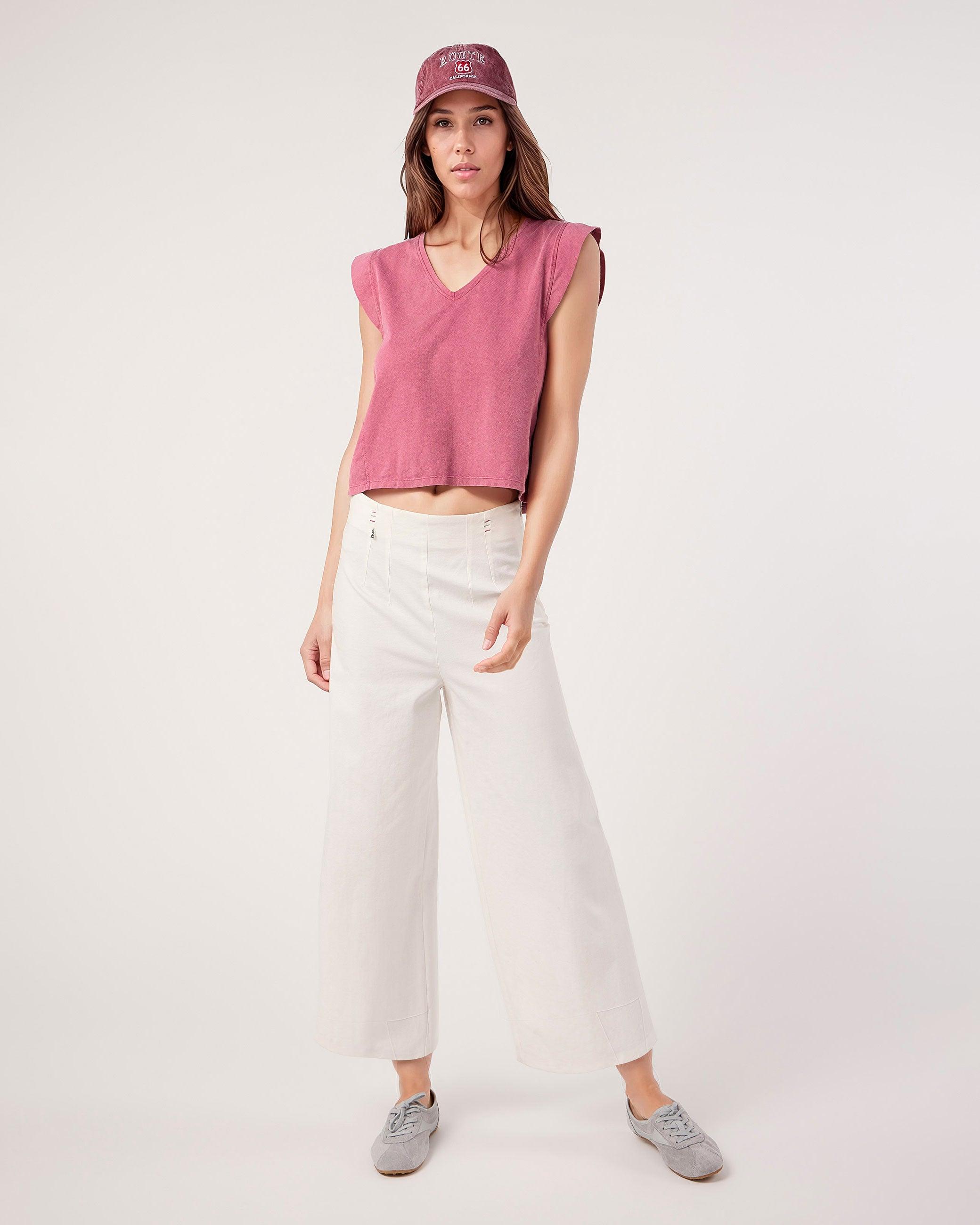 T-shirt com Gola em V e Ombreiras Ligeiras Rosa-4