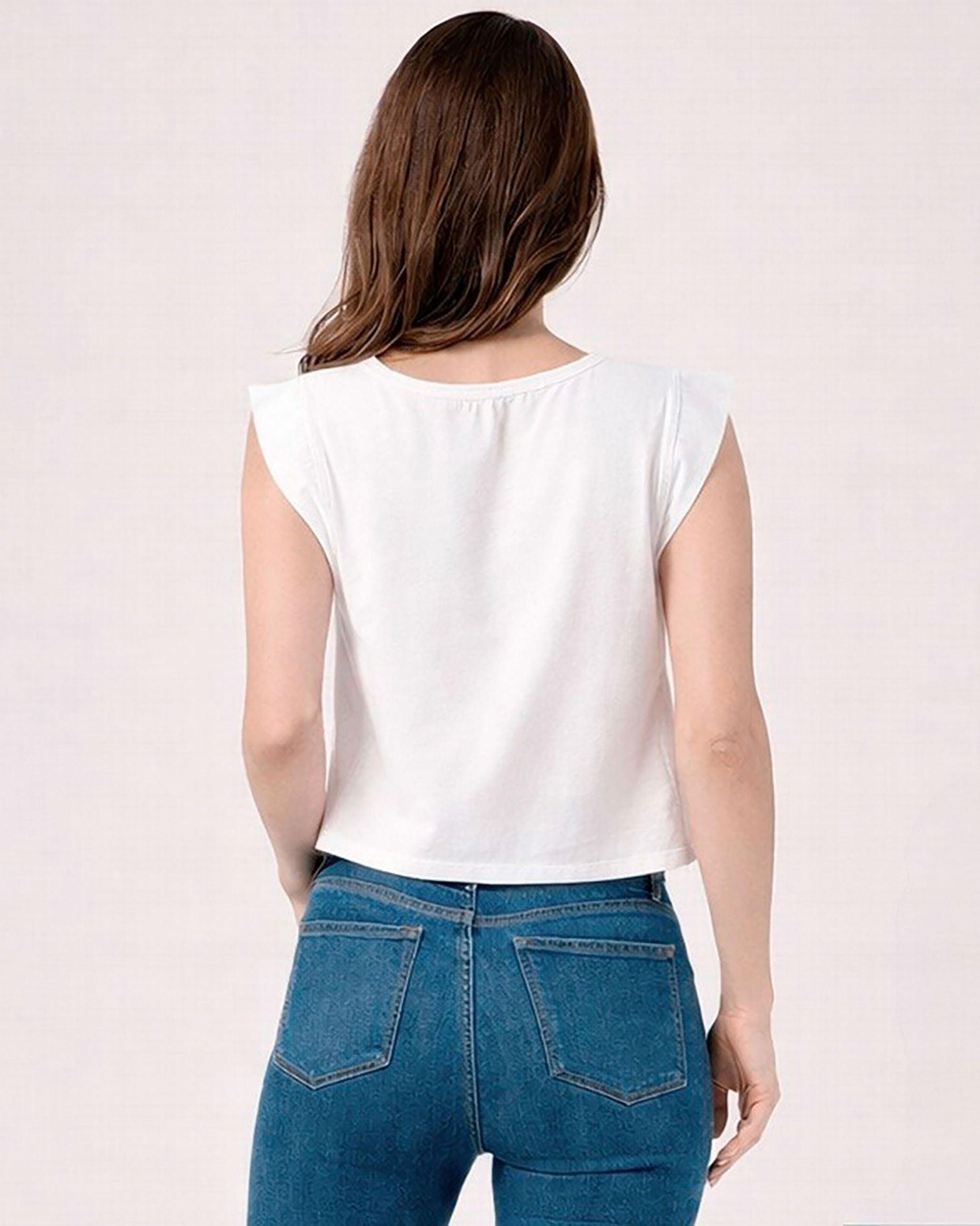 T-shirt sem Mangas com Gola em V Detalhe Branco-2