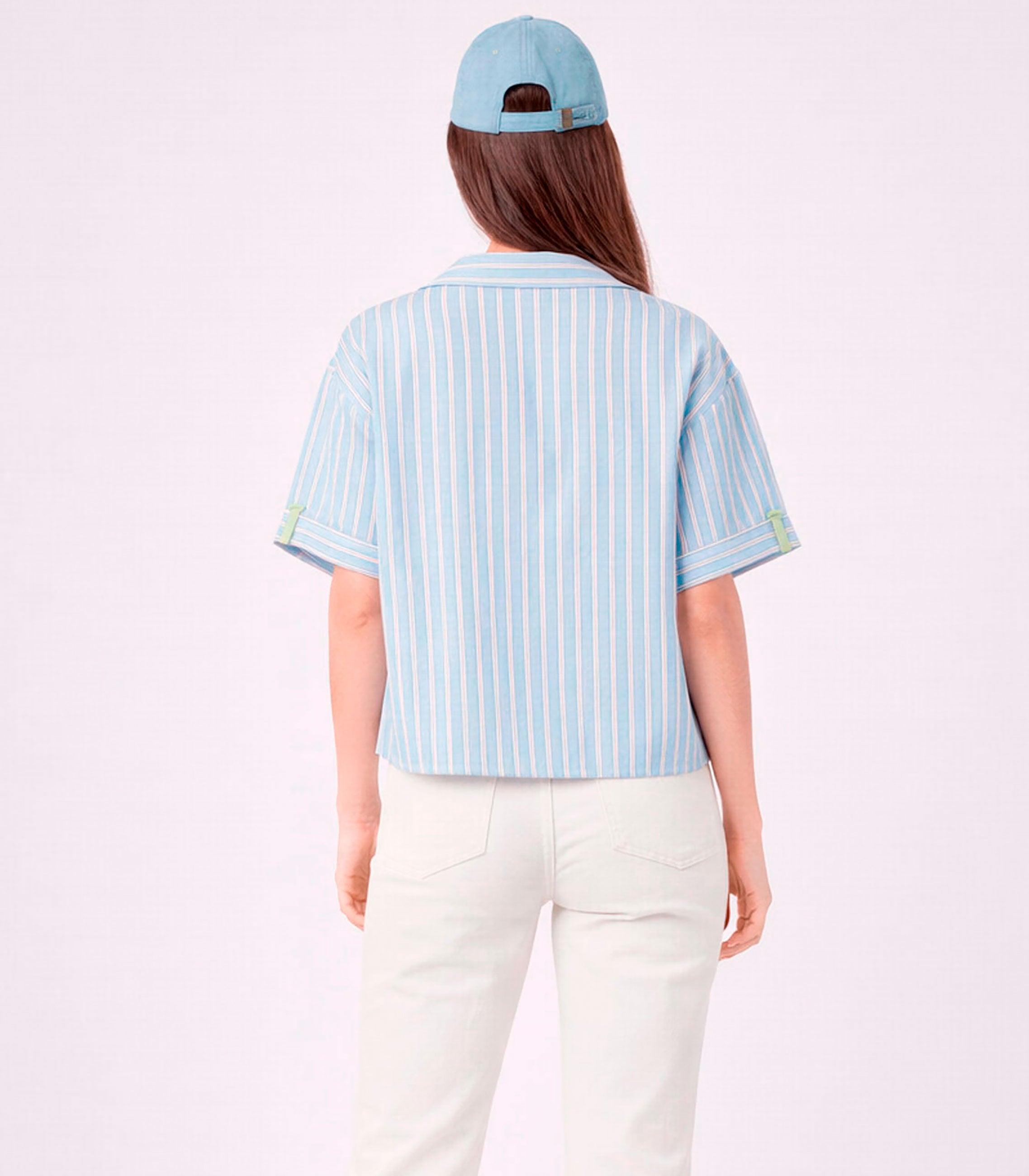 Camisa de Manga Ampla com Bolso Frontal Às Riscas Azul / Branco-2
