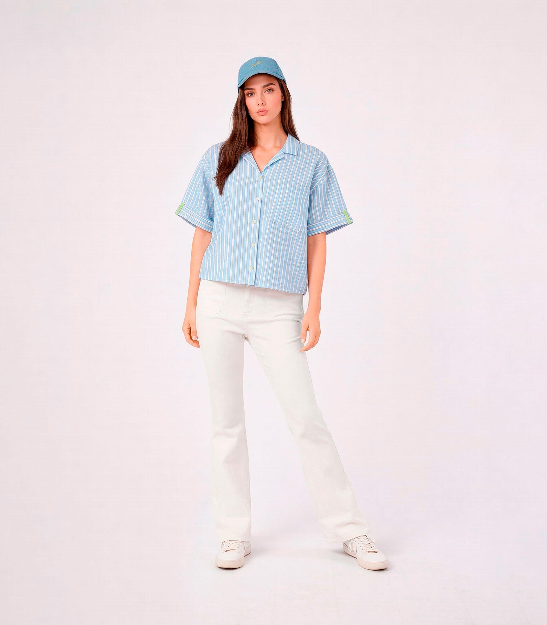 Camisa de Manga Ampla com Bolso Frontal Às Riscas Azul / Branco-3