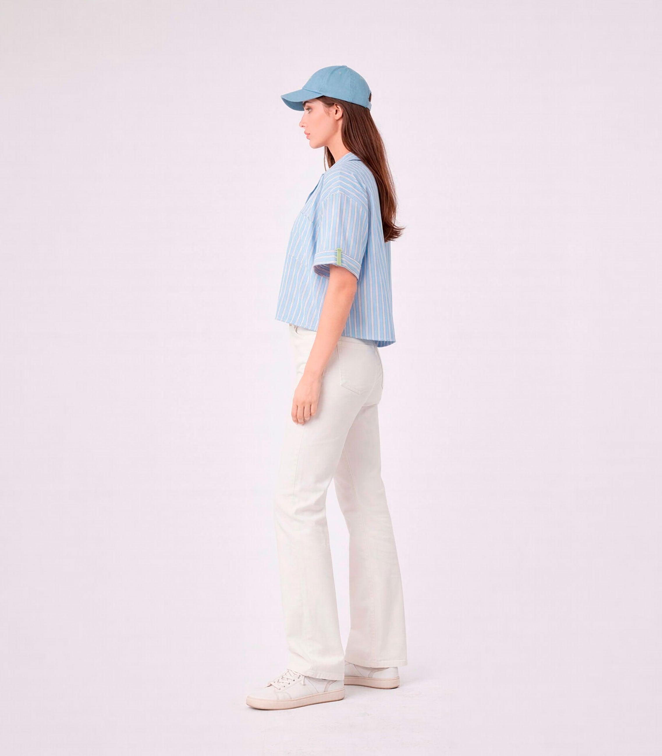 Camisa de Manga Ampla com Bolso Frontal Às Riscas Azul / Branco-4