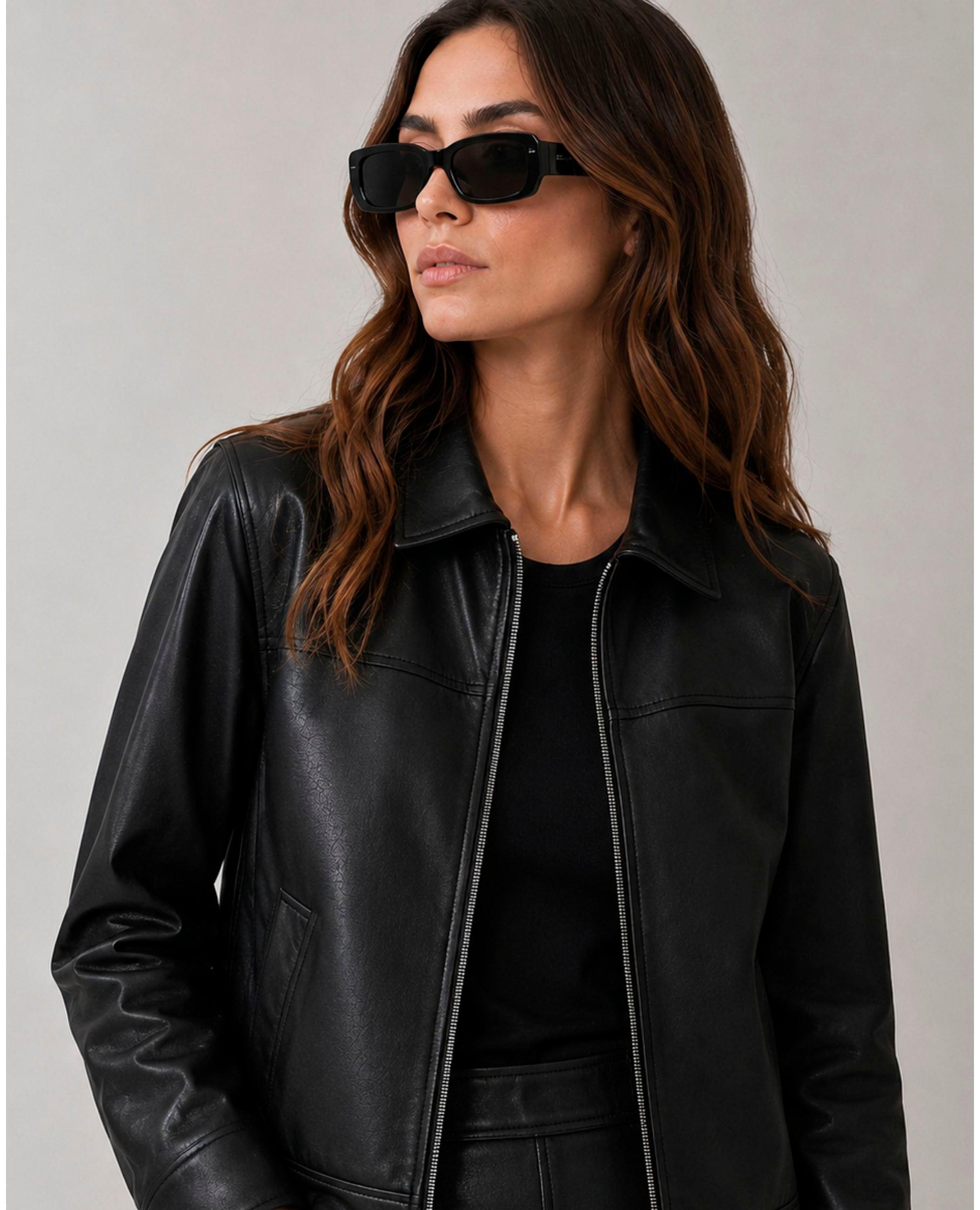 Bomber Sienna Efeito Pele com Fecho Zip Preto-3