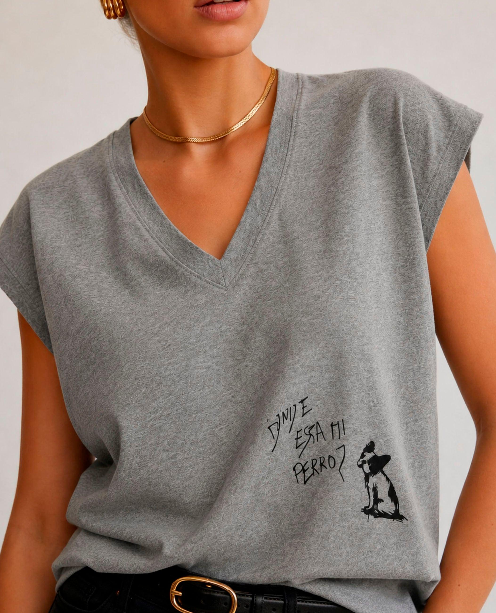 T-shirt de Manga Curta Ula com Gola em V Cinzento-2