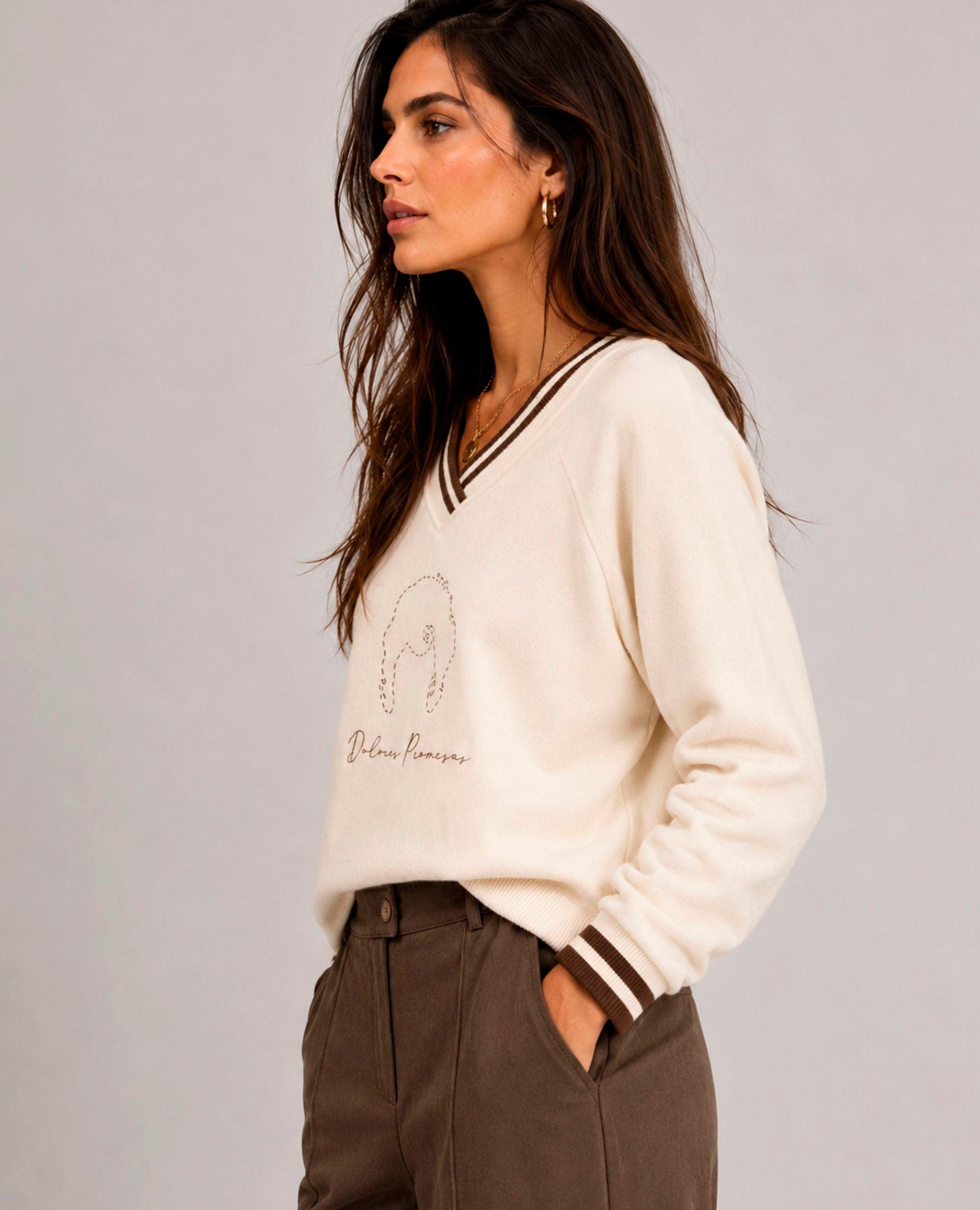 Sweatshirt Celia com Gola em V em Contraste Natural-2