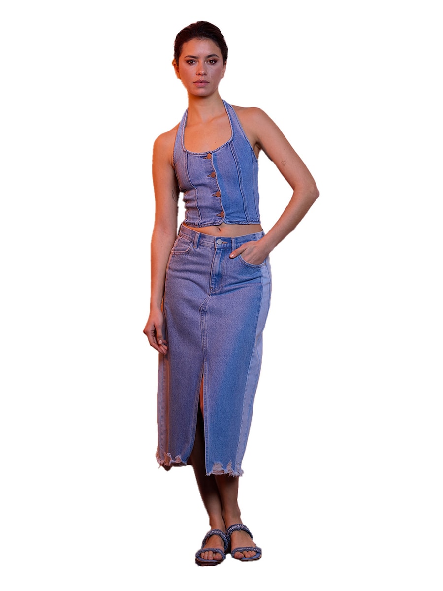 Top em denim com botões a frente Azul-1