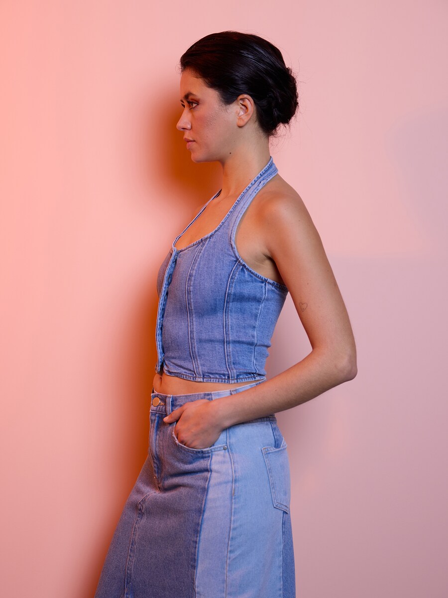 Top em denim com botões a frente Azul-4