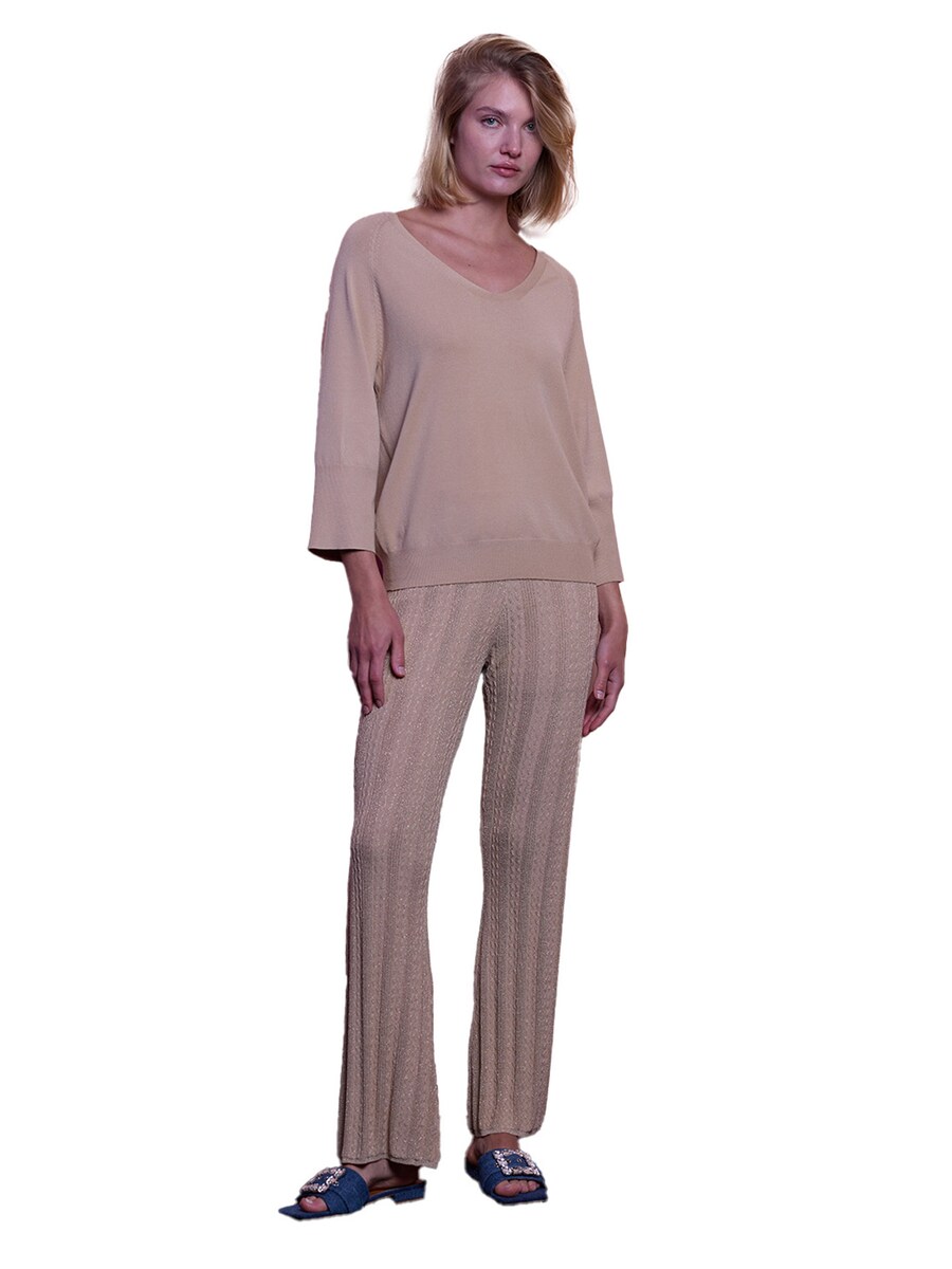 Camisola de malha com decote em V Bege-1