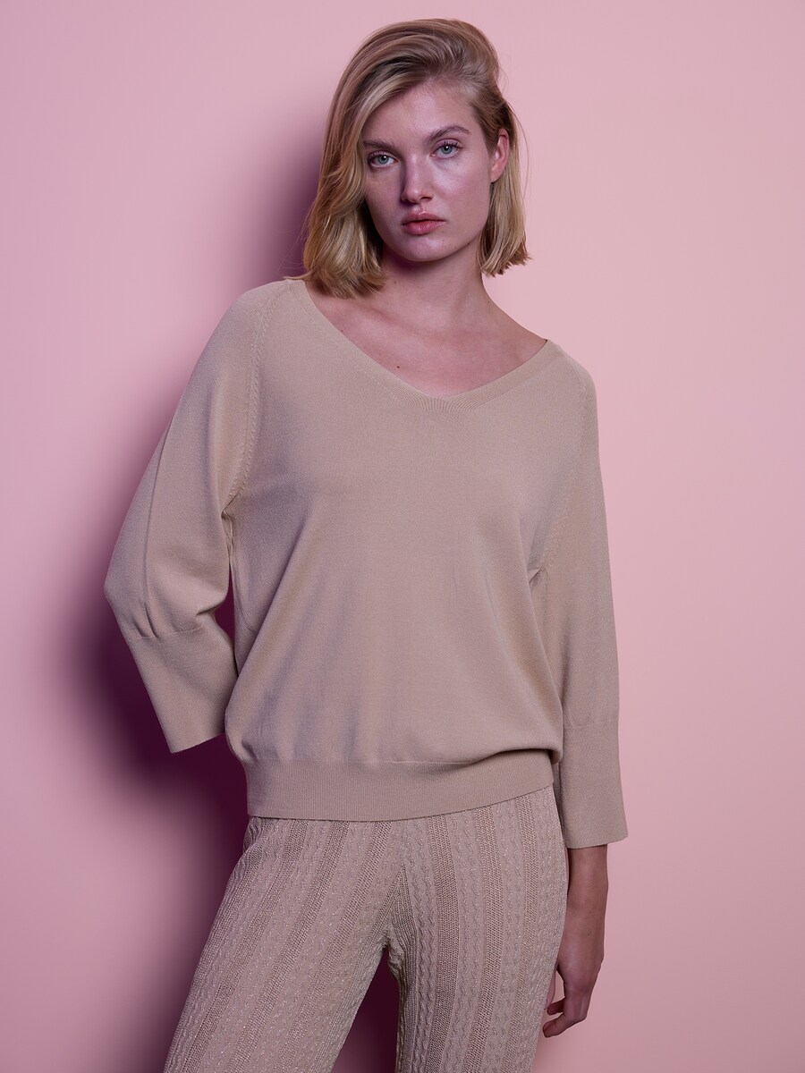 Camisola de malha com decote em V Bege-3