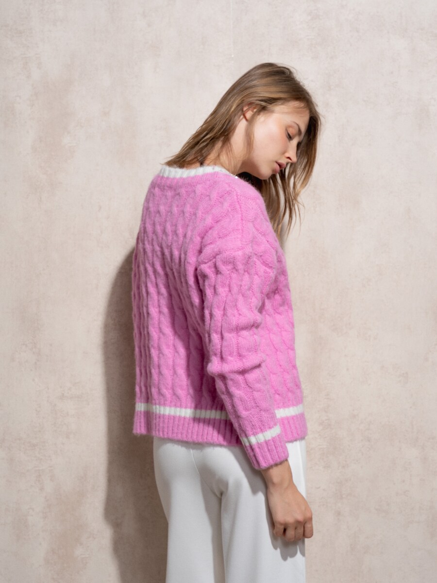 Camisola de malha com decote em bico Fúcsia-4