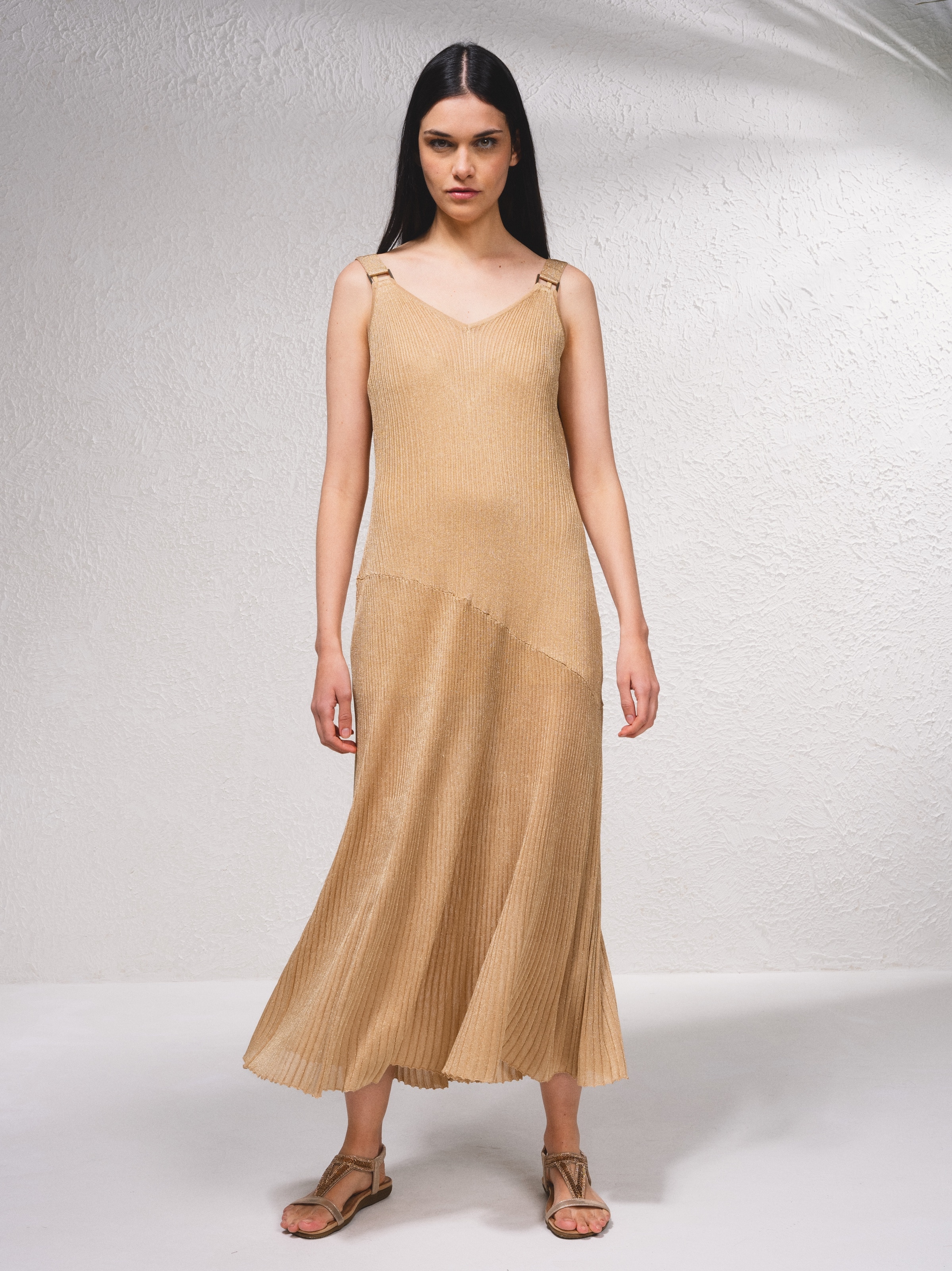 Vestido de alças em malha canelada Dourado-2